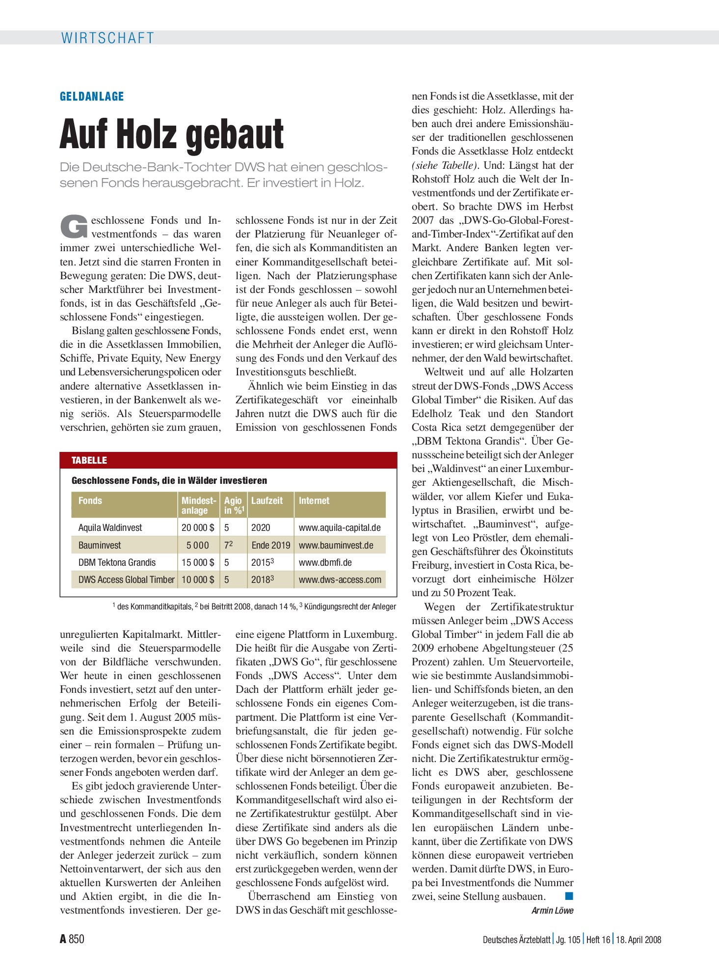 Vorschauseite 1: Geldanlage: Auf Holz gebaut – Deutsches Ärzteblatt