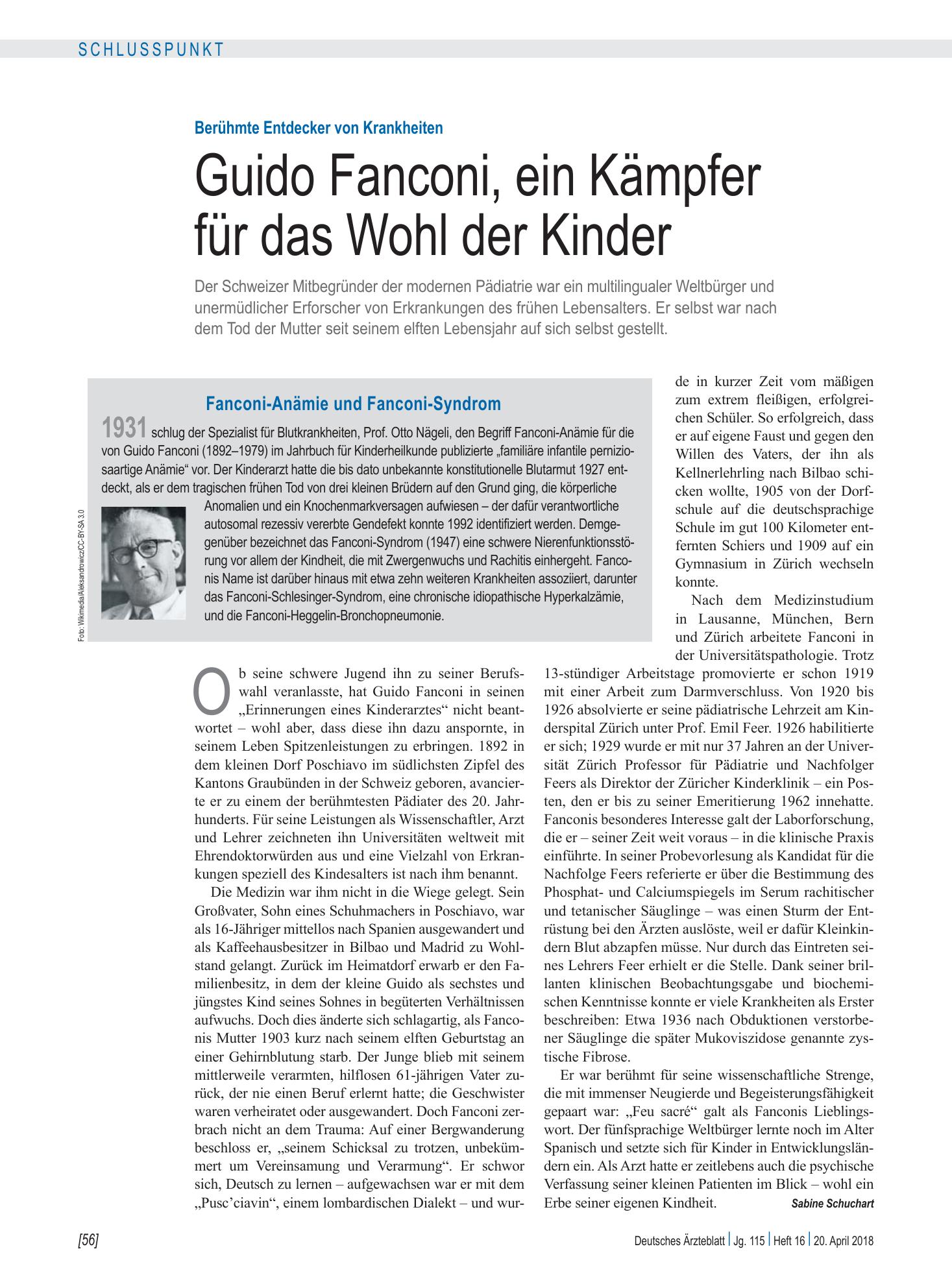 Vorschauseite 1: Berühmte Entdecker von Krankheiten: Guido Fanconi, ein Kämpfer für das Wohl der Kinder – Deutsches Ärzteblatt