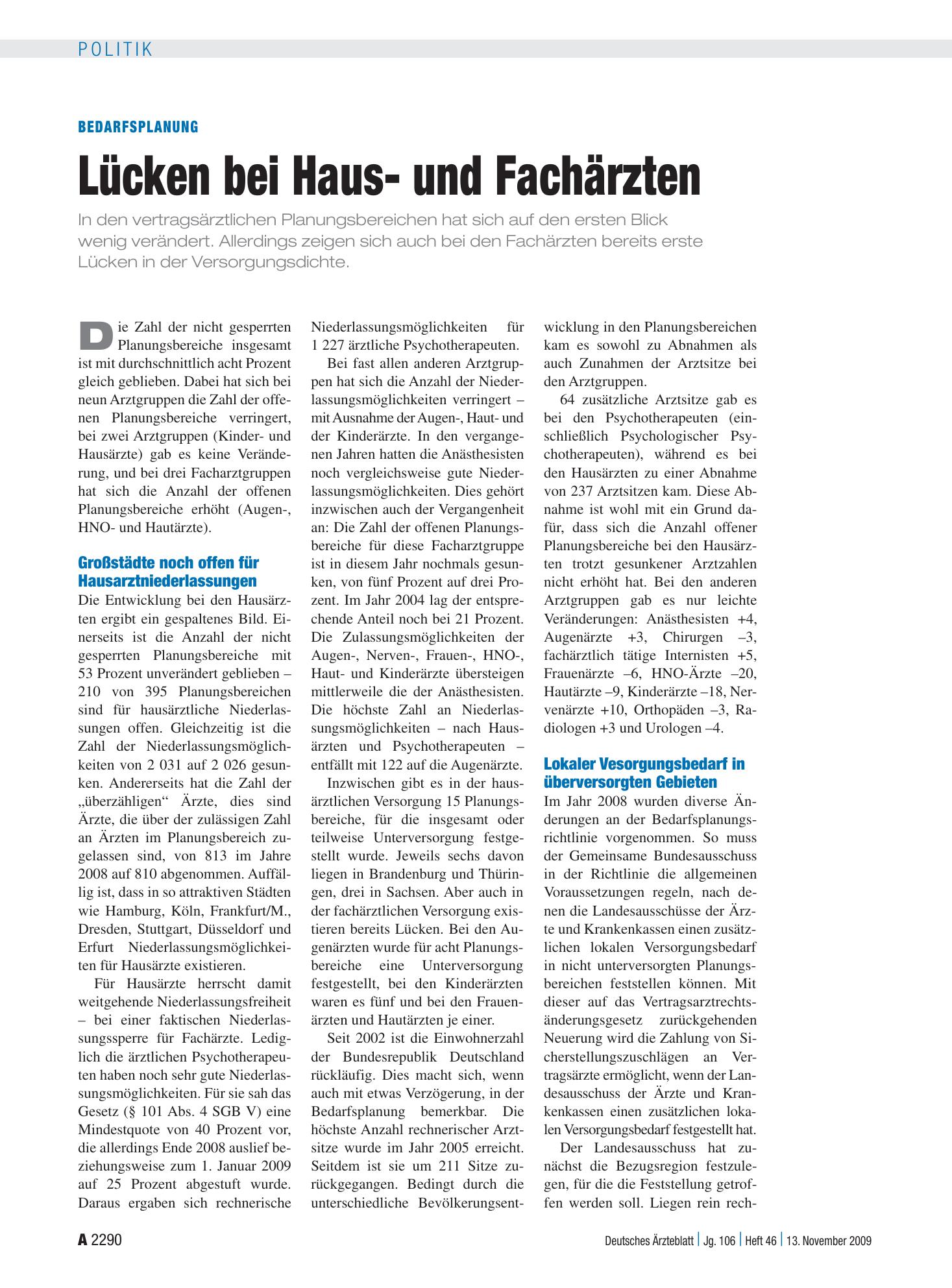 Vorschauseite 1: Bedarfsplanung: Lücken bei Haus- und Fachärzten – Deutsches Ärzteblatt