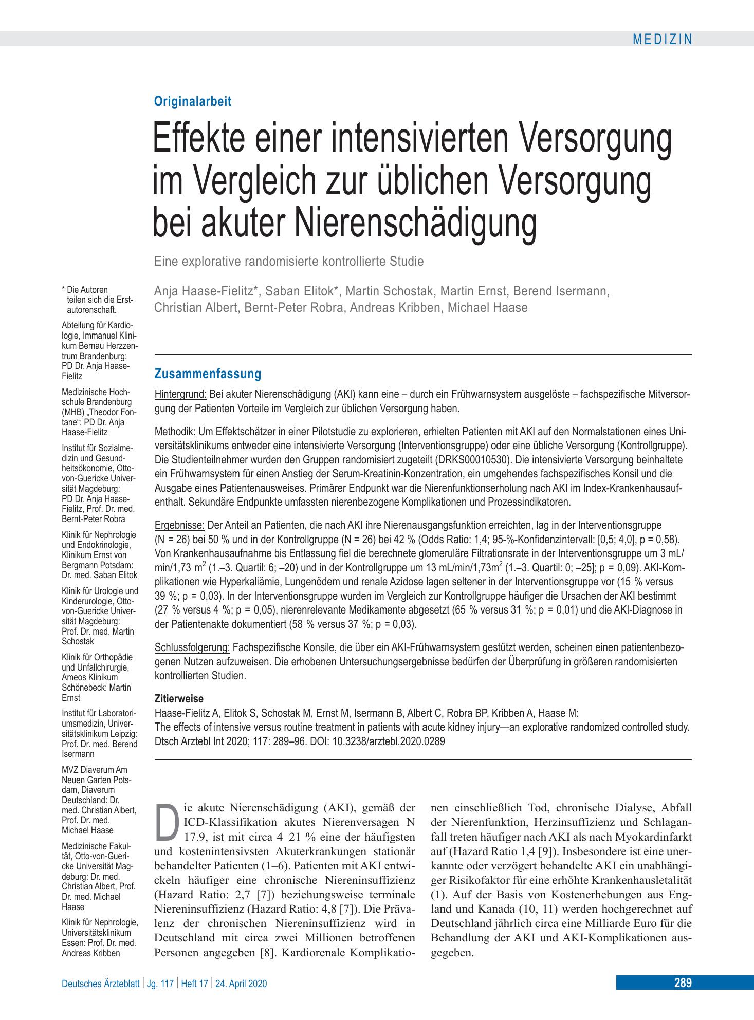 Vorschauseite 1: Effekte einer intensivierten Versorgung im Vergleich zur üblichen Versorgung bei akuter Nierenschädigung – Deutsches Ärzteblatt