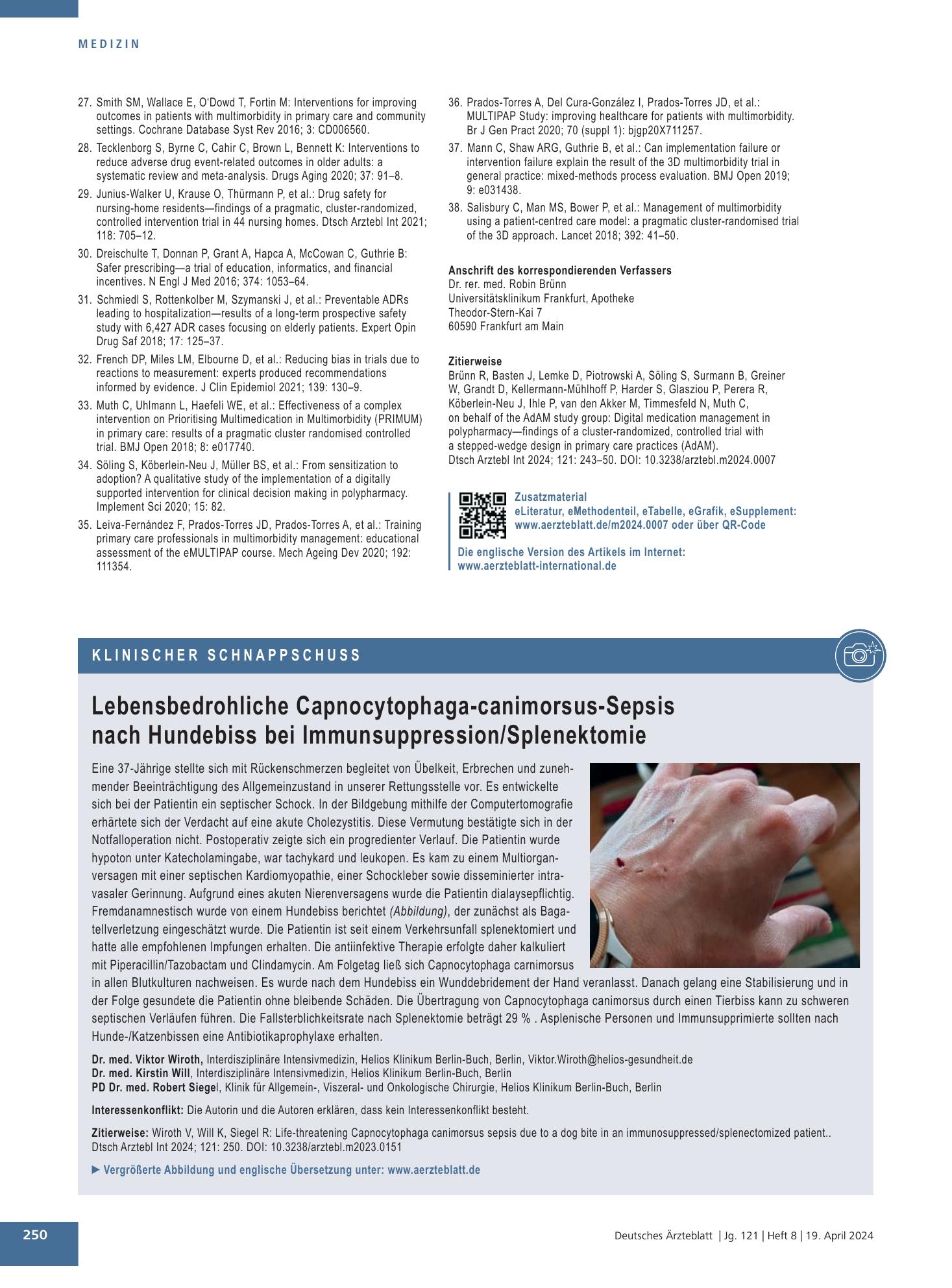 Vorschauseite 1: Lebensbedrohliche Capnocytophaga-canimorsus-Sepsis nach Hundebiss bei Immunsuppression/Splenektomie – Deutsches Ärzteblatt