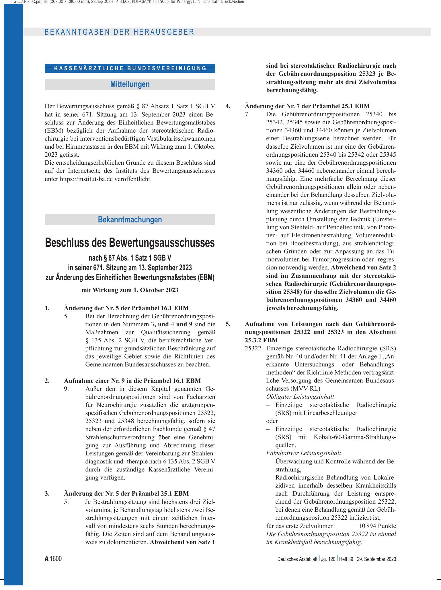 Vorschauseite 1: Beschluss des Bewertungsausschusses nach § 87 Abs. 1 Satz 1 SGB V in seiner 671. Sitzung am 13. September 2023 zur Änderung des Einheitlichen Bewertungsmaßstabes (EBM) – Deutsches…