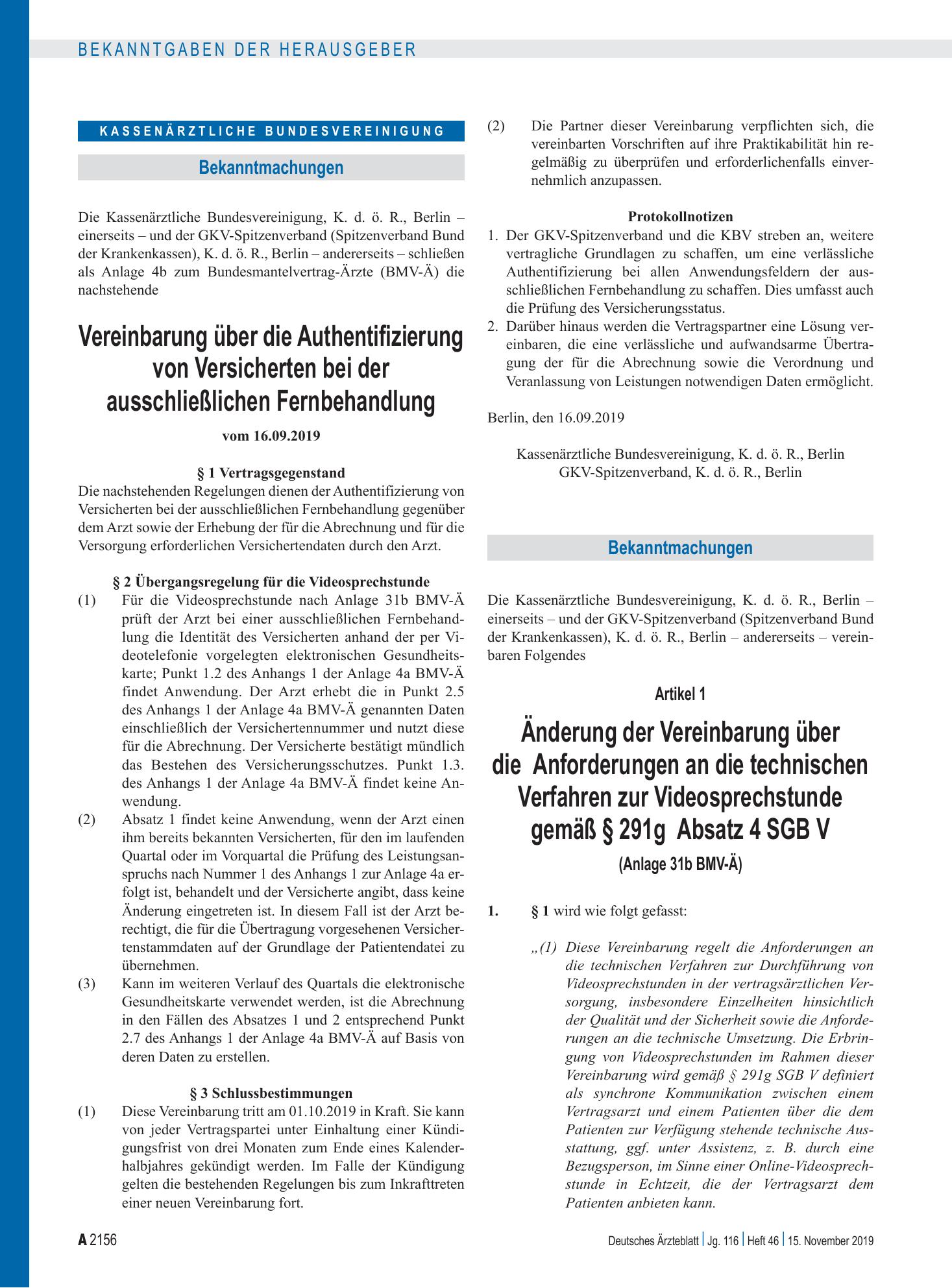 Vorschauseite 1: Vereinbarung über die Authentifizierung von Versicherten bei der ausschließlichen Fernbehandlung – Deutsches Ärzteblatt