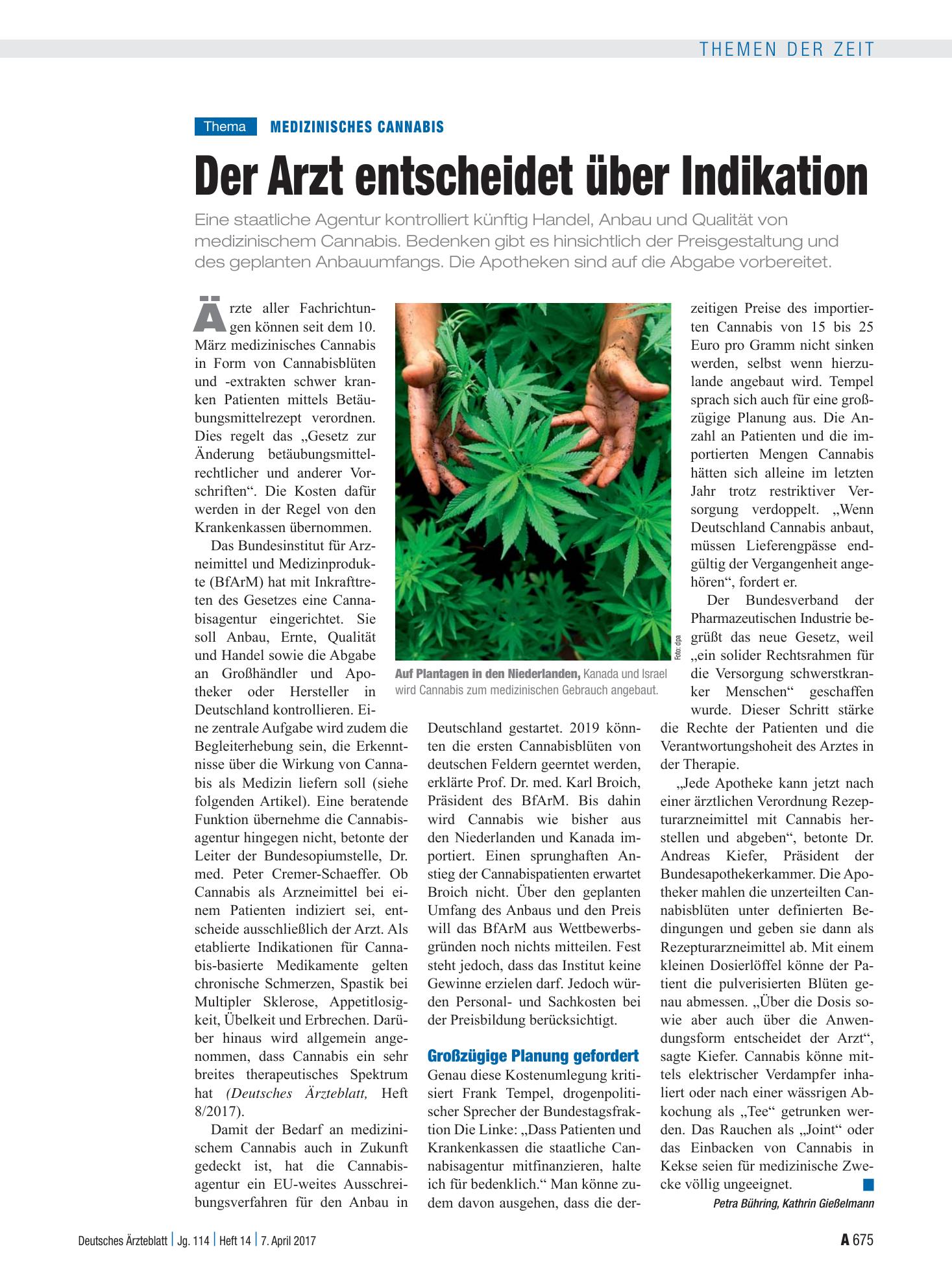 Vorschauseite 1: Medizinisches Cannabis: Der Arzt entscheidet über Indikation – Deutsches Ärzteblatt