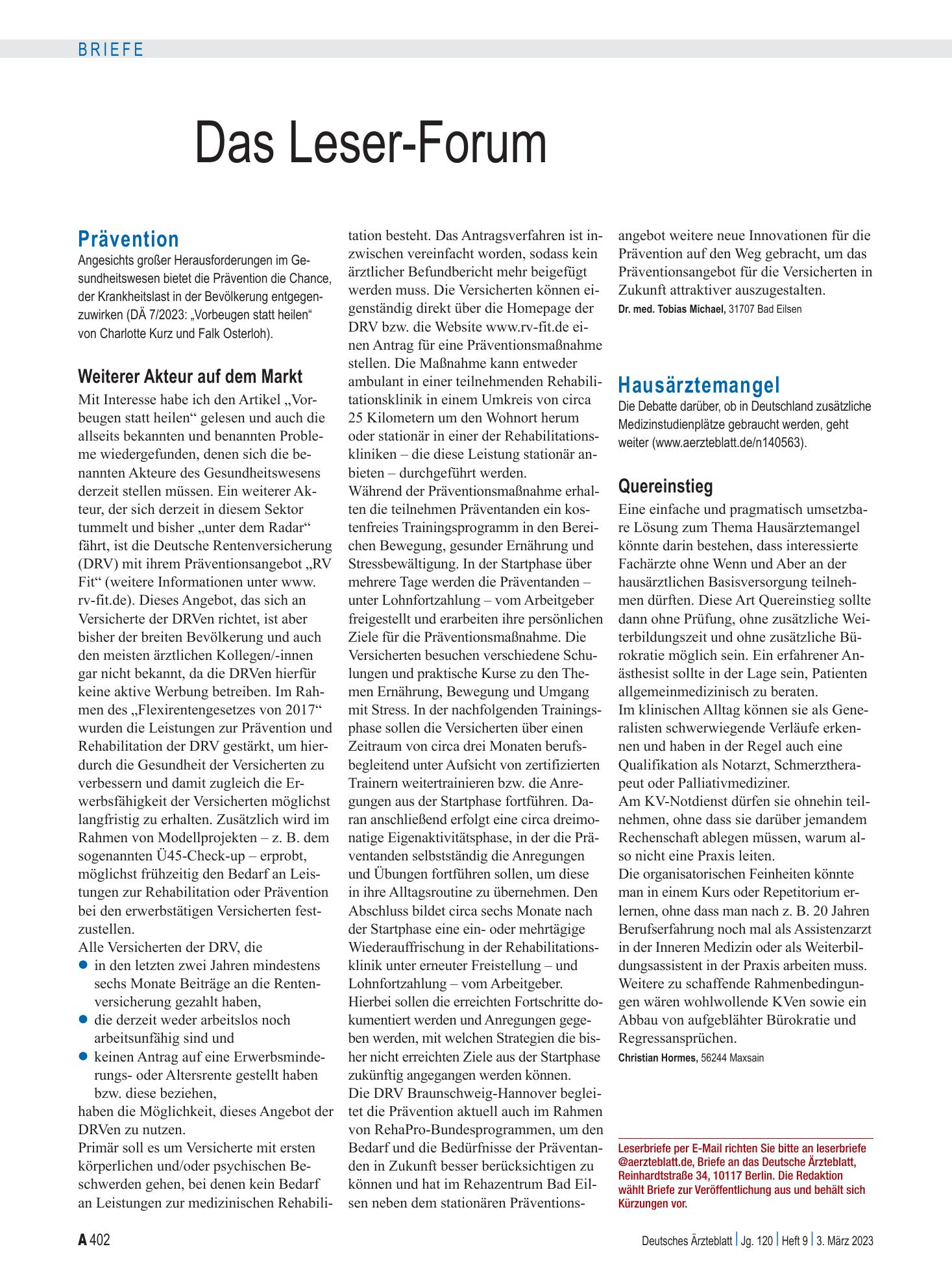 Vorschauseite 1: Hausärztemangel: Quereinstieg – Deutsches Ärzteblatt