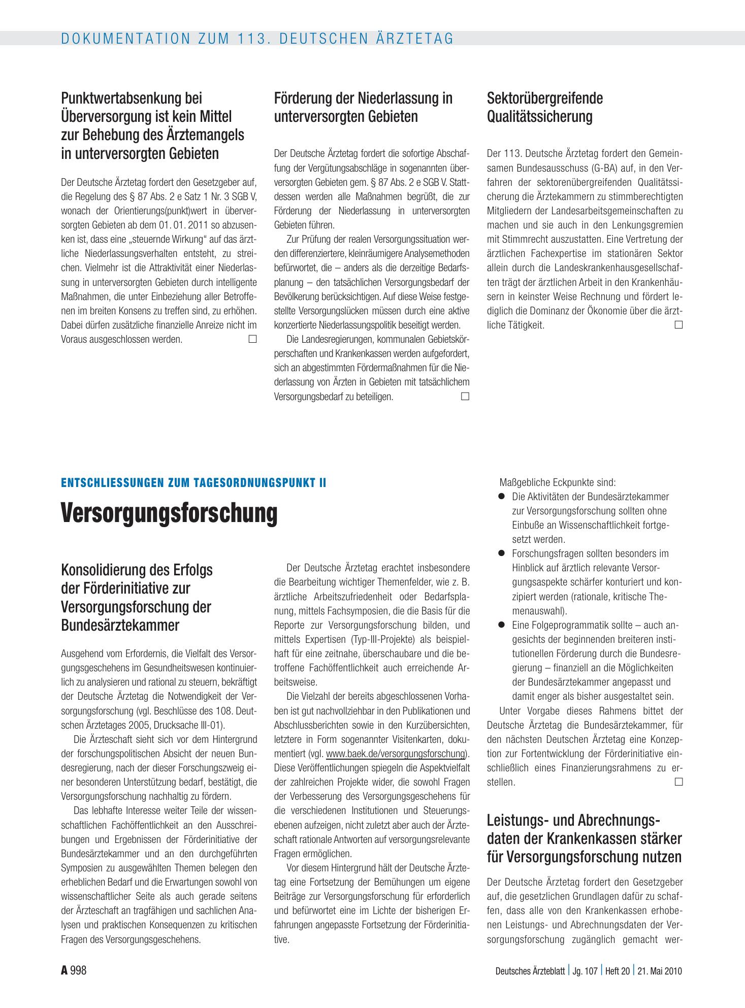 Vorschauseite 1: Entschliessungen zum Tagesordnungspunkt II: Versorgungsforschung – Deutsches Ärzteblatt