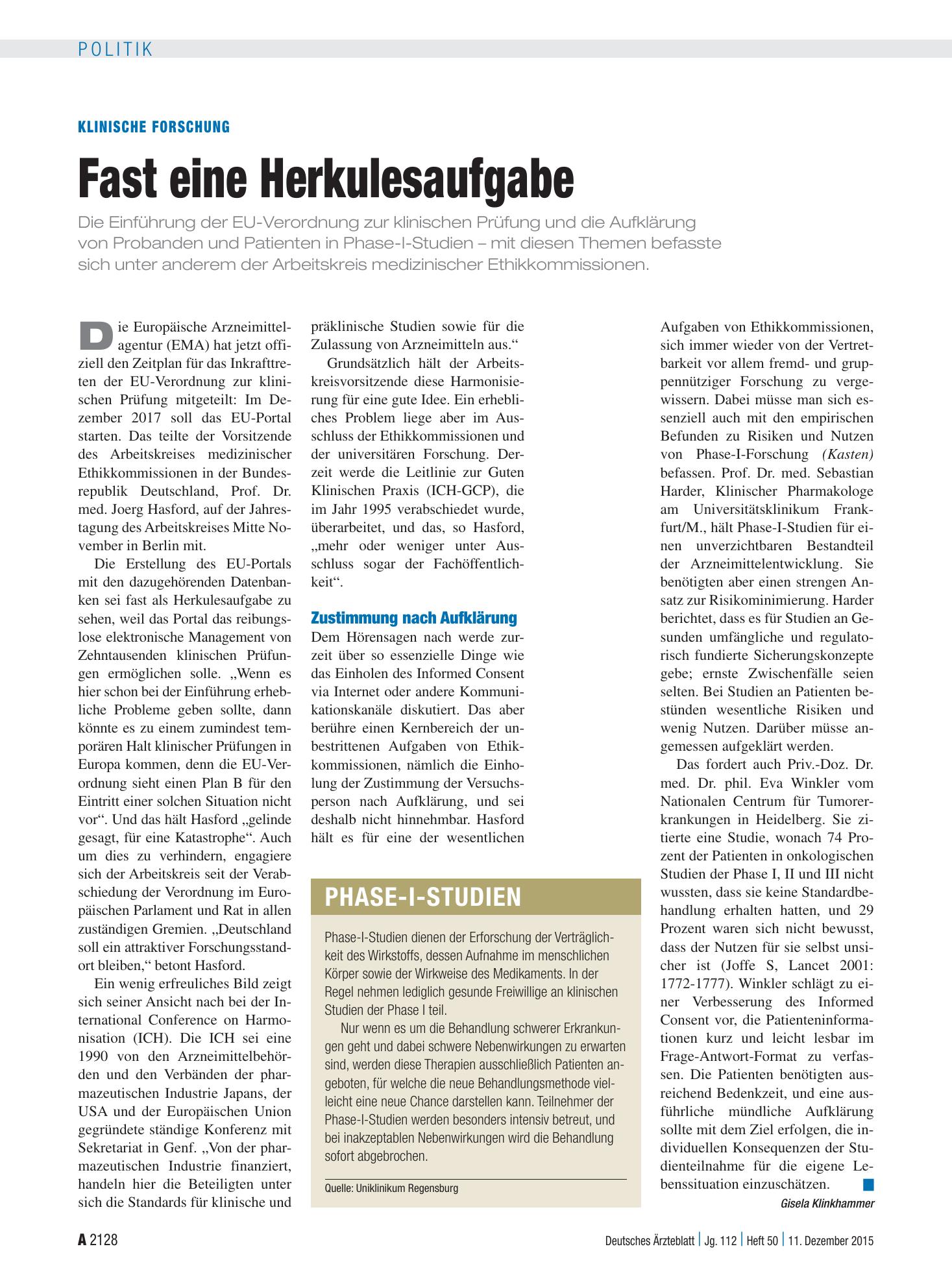 Vorschauseite 1: Klinische Forschung: Fast eine Herkulesaufgabe – Deutsches Ärzteblatt