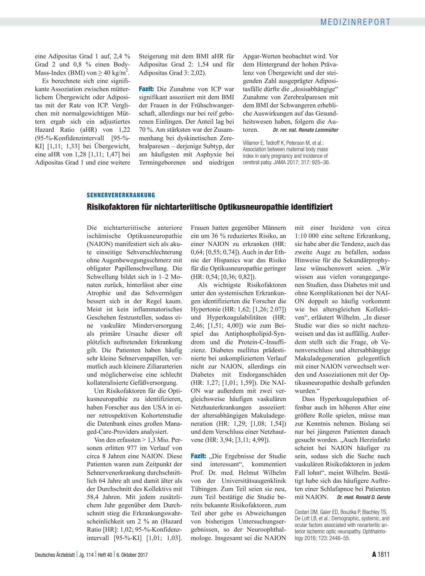 Vorschauseite 1: Sehnervenerkrankung: Risikofaktoren für nichtarteriitische Optikusneuropathie identifiziert – Deutsches Ärzteblatt