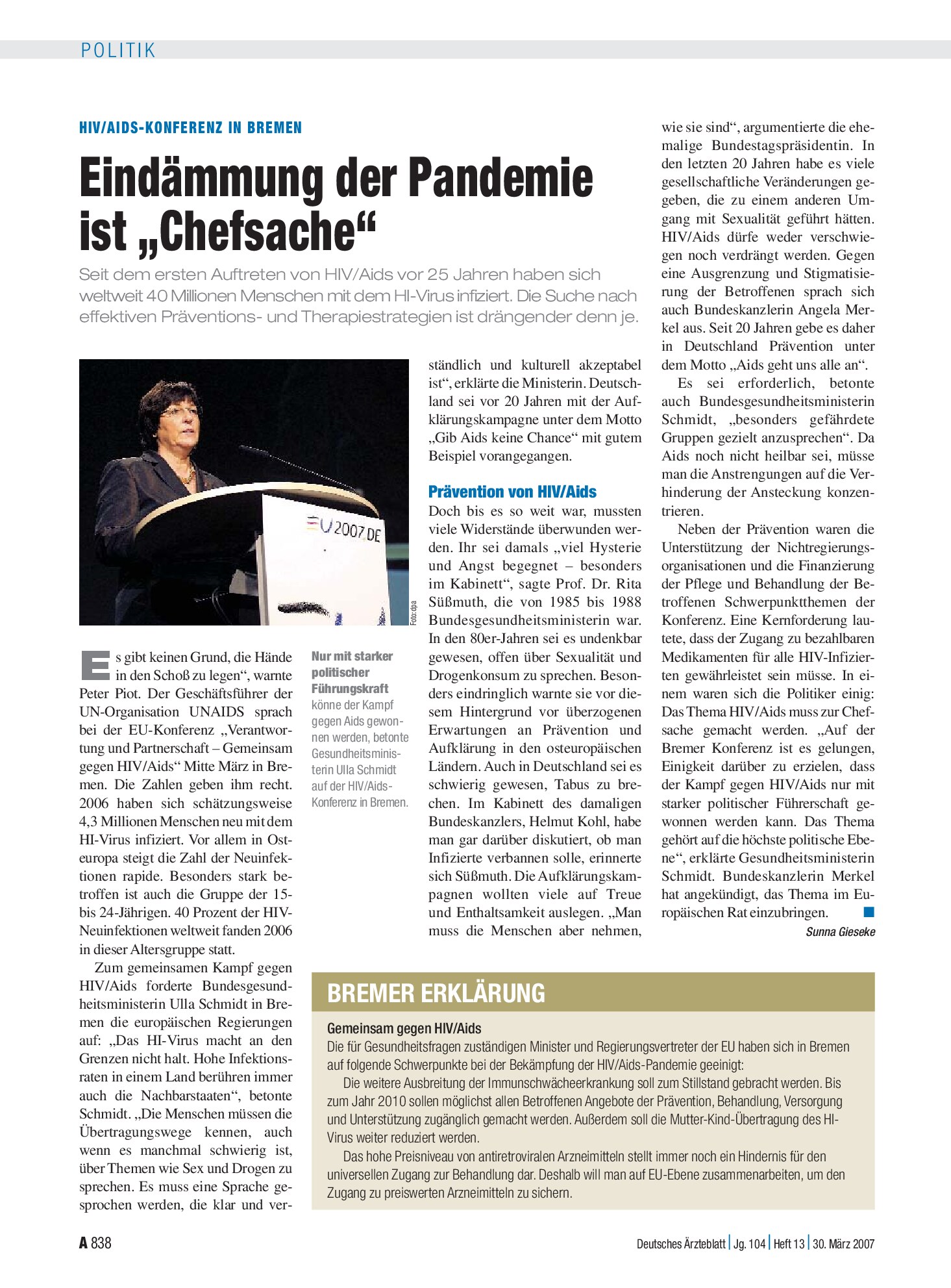 Vorschauseite 1: HIV/Aids-Konferenz in Bremen: Eindämmung der Pandemie ist „Chefsache“ – Deutsches Ärzteblatt