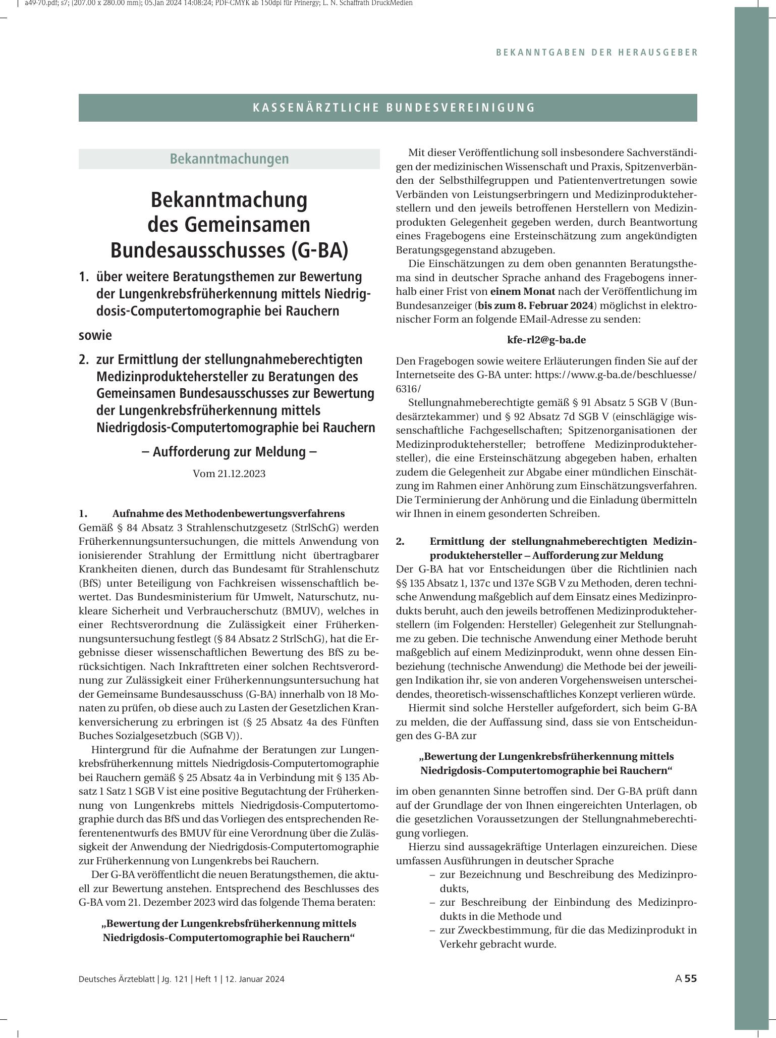 Vorschauseite 1: Bekanntmachung des Gemeinsamen Bundesausschusses (G-BA) 1. über weitere Beratungsthemen zur Bewertung der Lungenkrebsfrüherkennung mittels Niedrigdosis-Computertomographie bei Rau…
