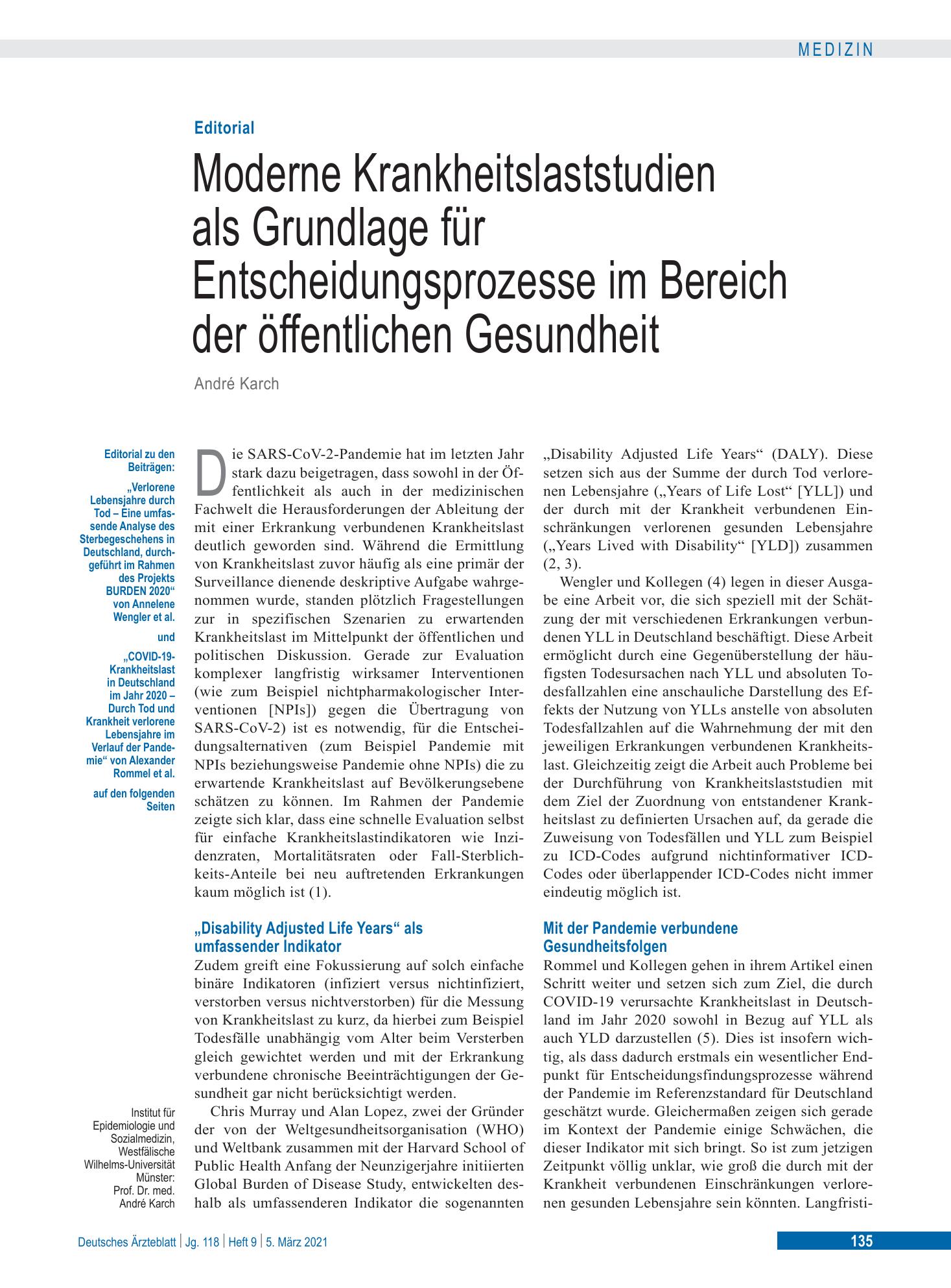 Vorschauseite 1: Verlorene Lebensjahre durch Tod – Deutsches Ärzteblatt