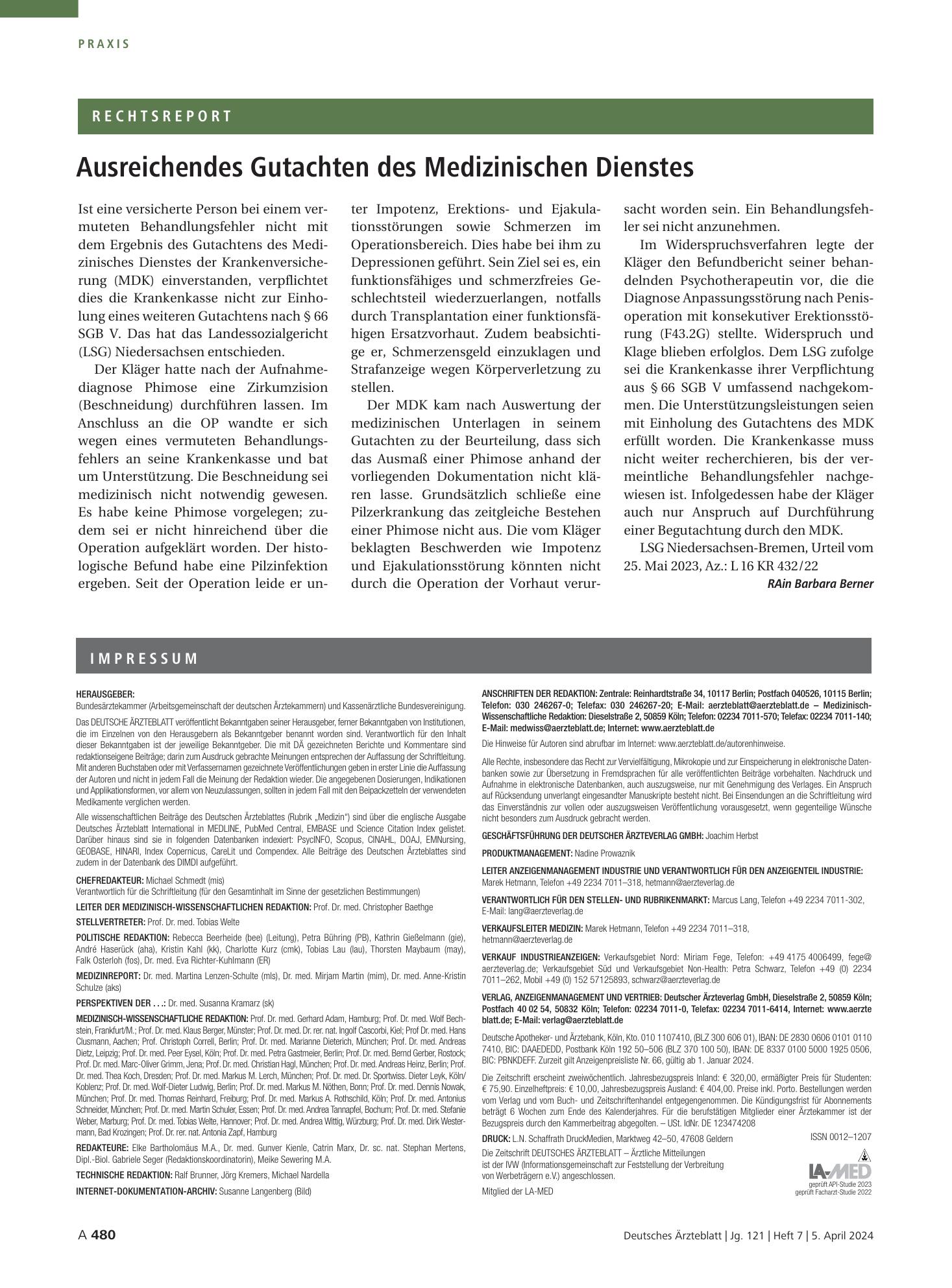 Vorschauseite 1: Ausreichendes Gutachten des Medizinischen Dienstes – Deutsches Ärzteblatt