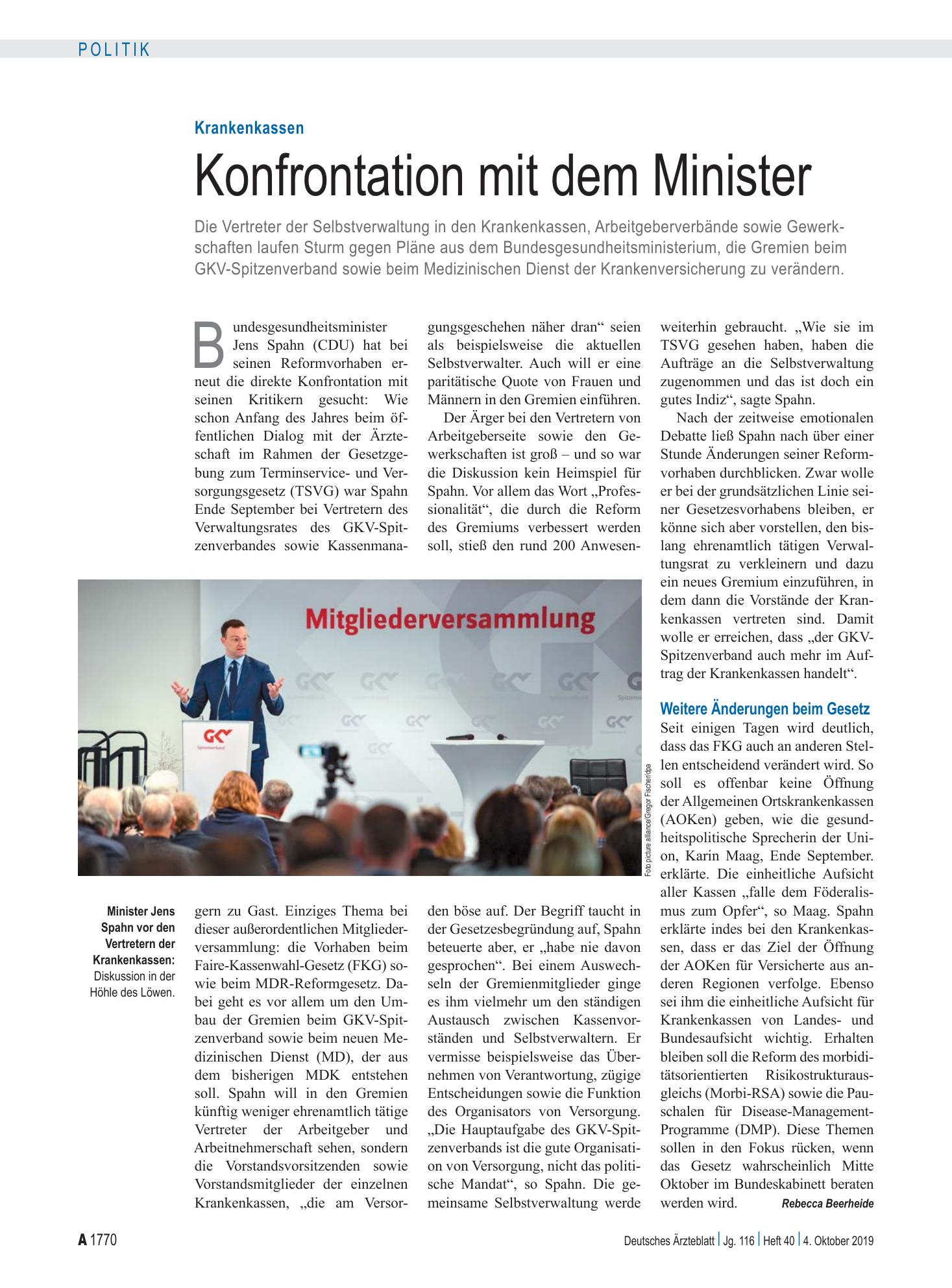 Vorschauseite 1: Krankenkassen: Konfrontation mit dem Minister – Deutsches Ärzteblatt