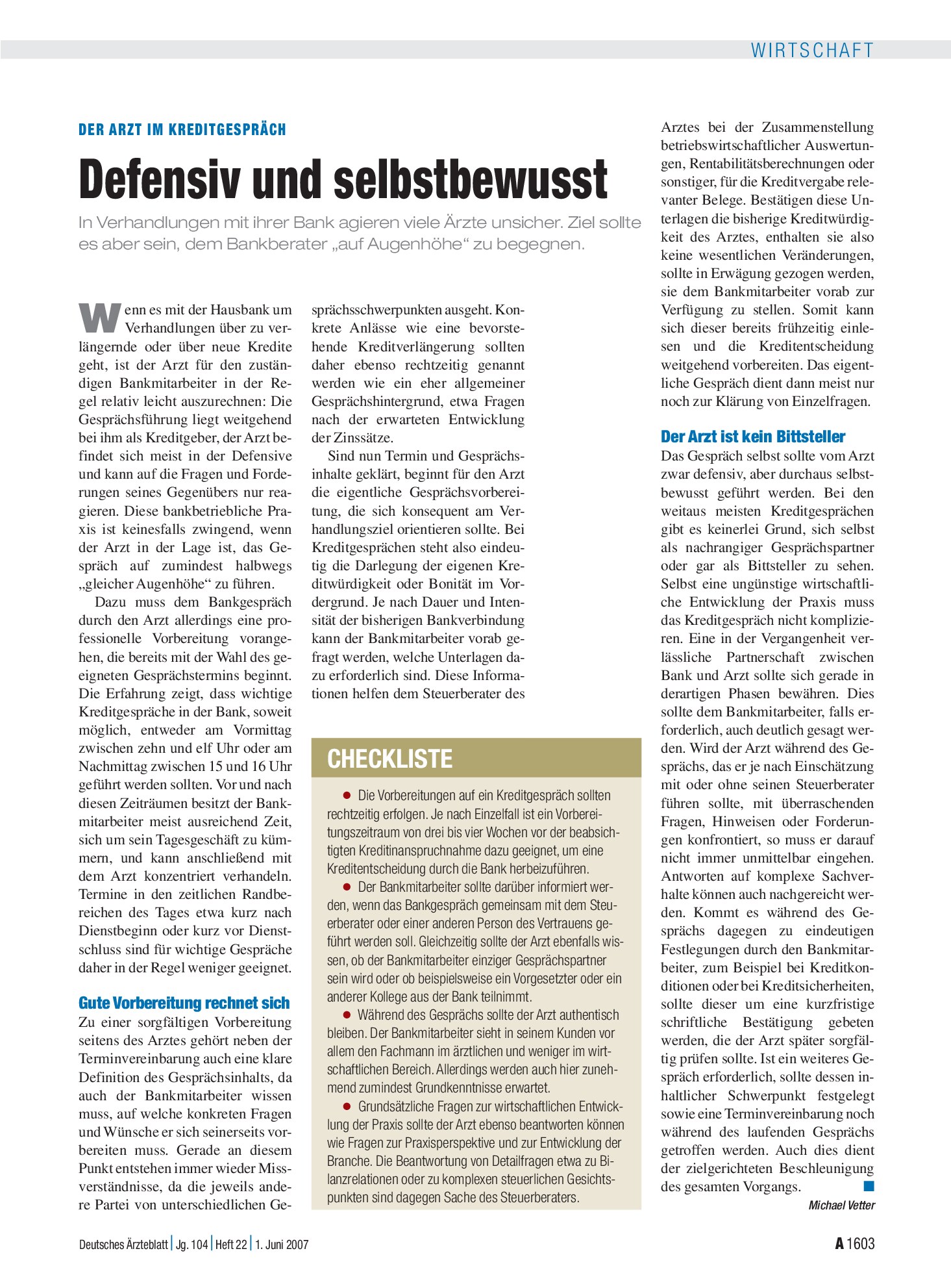 Vorschauseite 1: Der Arzt im Kreditgespräch: Defensiv und selbstbewusst – Deutsches Ärzteblatt