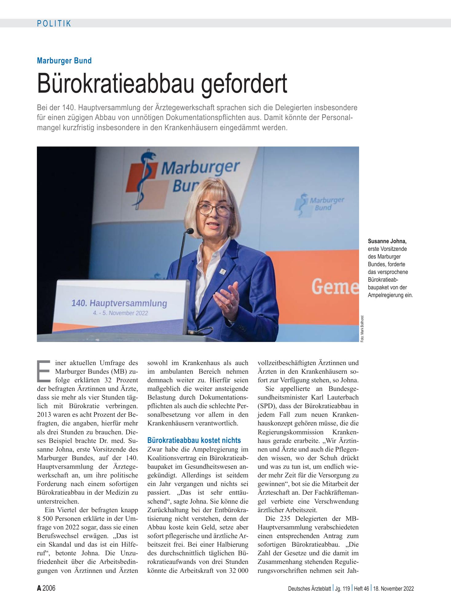 Vorschauseite 1: Marburger Bund: Bürokratieabbau gefordert – Deutsches Ärzteblatt