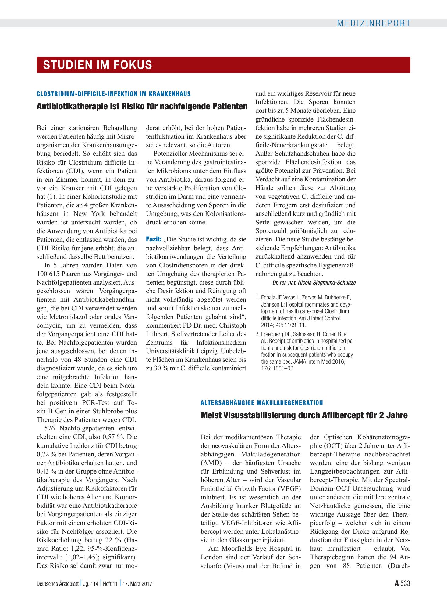 Vorschauseite 1: Clostridium-difficile-Infektion im Krankenhaus: Antibiotikatherapie ist Risiko für nachfolgende Patienten – Deutsches Ärzteblatt