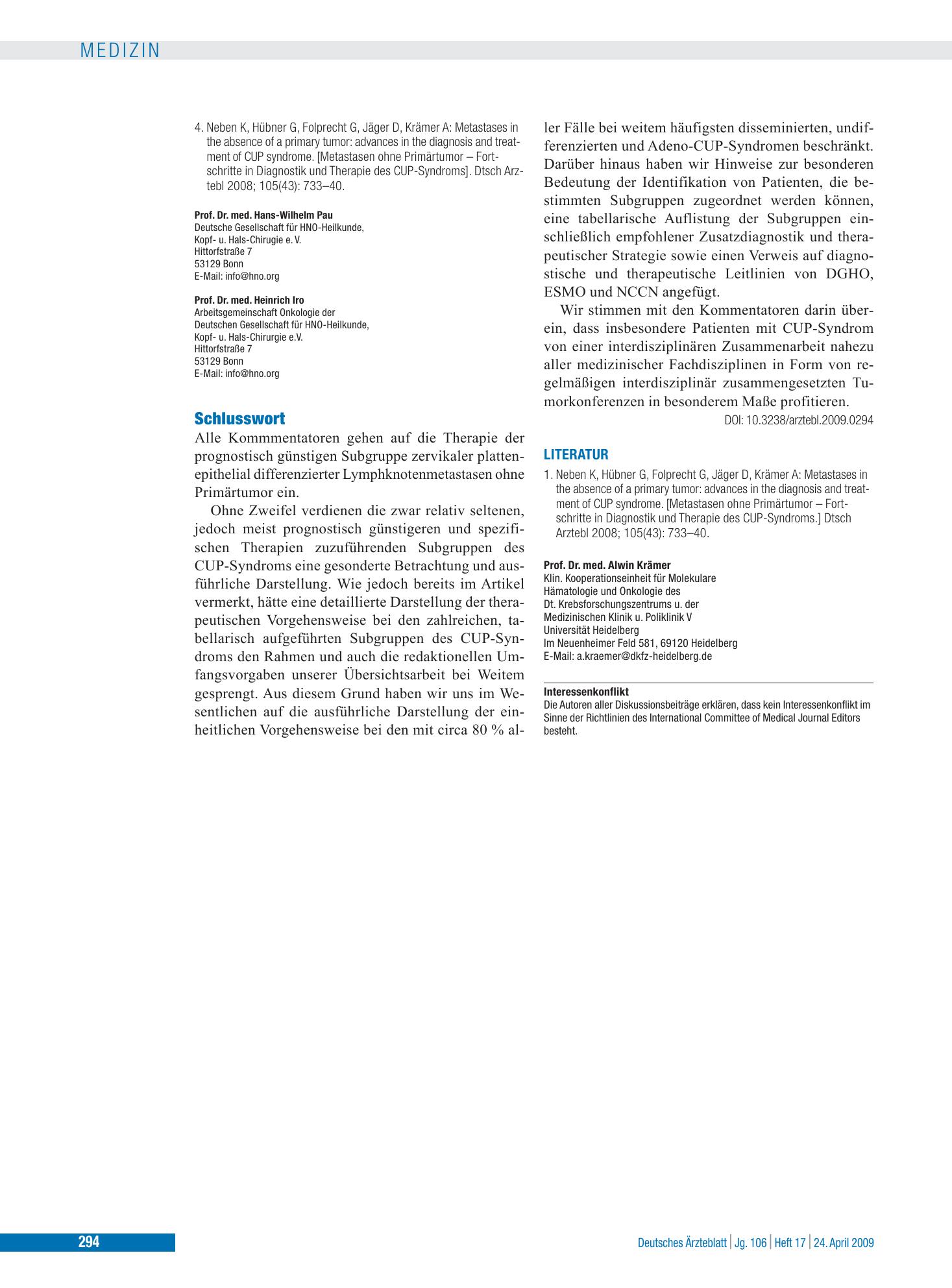 Vorschauseite 1: Metastasen ohne Primärtumor – Fortschritte in Diagnostik und Therapie des CUP-Syndroms: Schlusswort – Deutsches Ärzteblatt