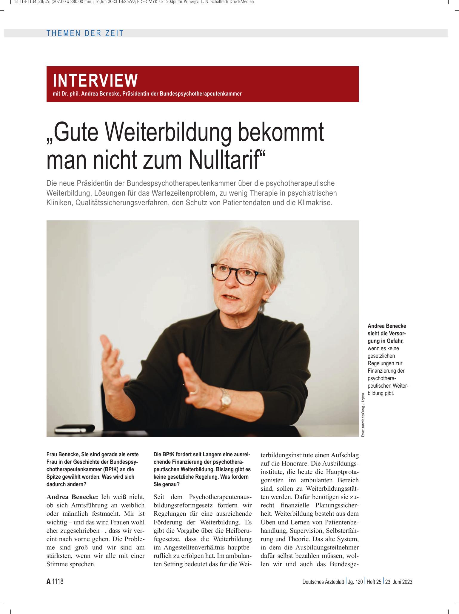 Vorschauseite 1: Interview mit Dr. phil. Andrea Benecke, Präsidentin der Bundespsychotherapeutenkammer: „Gute Weiterbildung bekommt man nicht zum Nulltarif“ – Deutsches Ärzteblatt