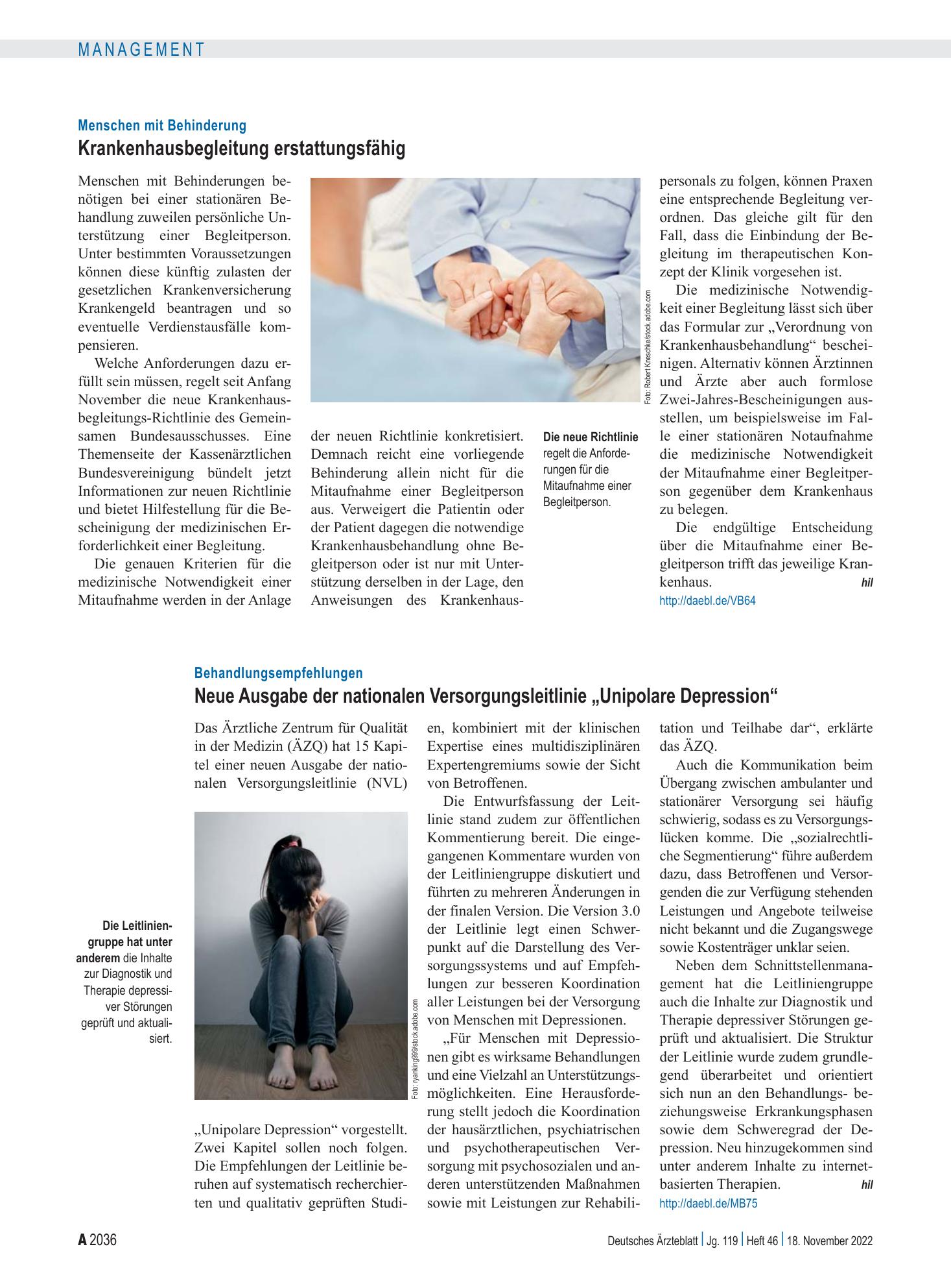 Vorschauseite 1: Menschen mit Behinderung: Krankenhausbegleitung erstattungsfähig – Deutsches Ärzteblatt