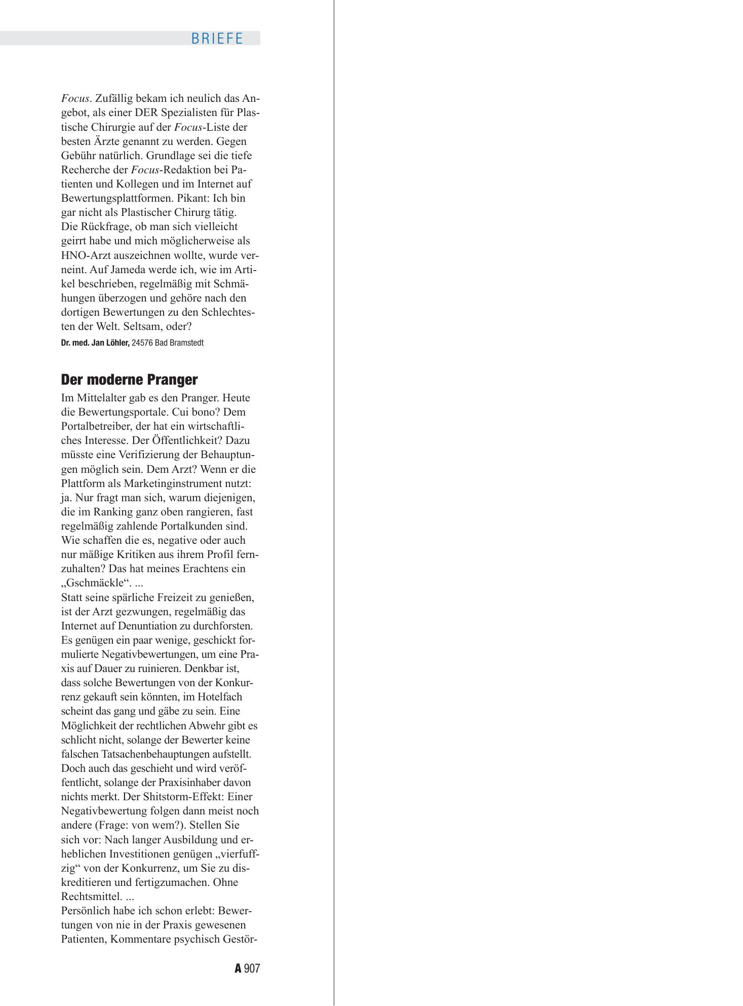 Vorschauseite 1: Bewertungsportale: Der moderne Pranger – Deutsches Ärzteblatt