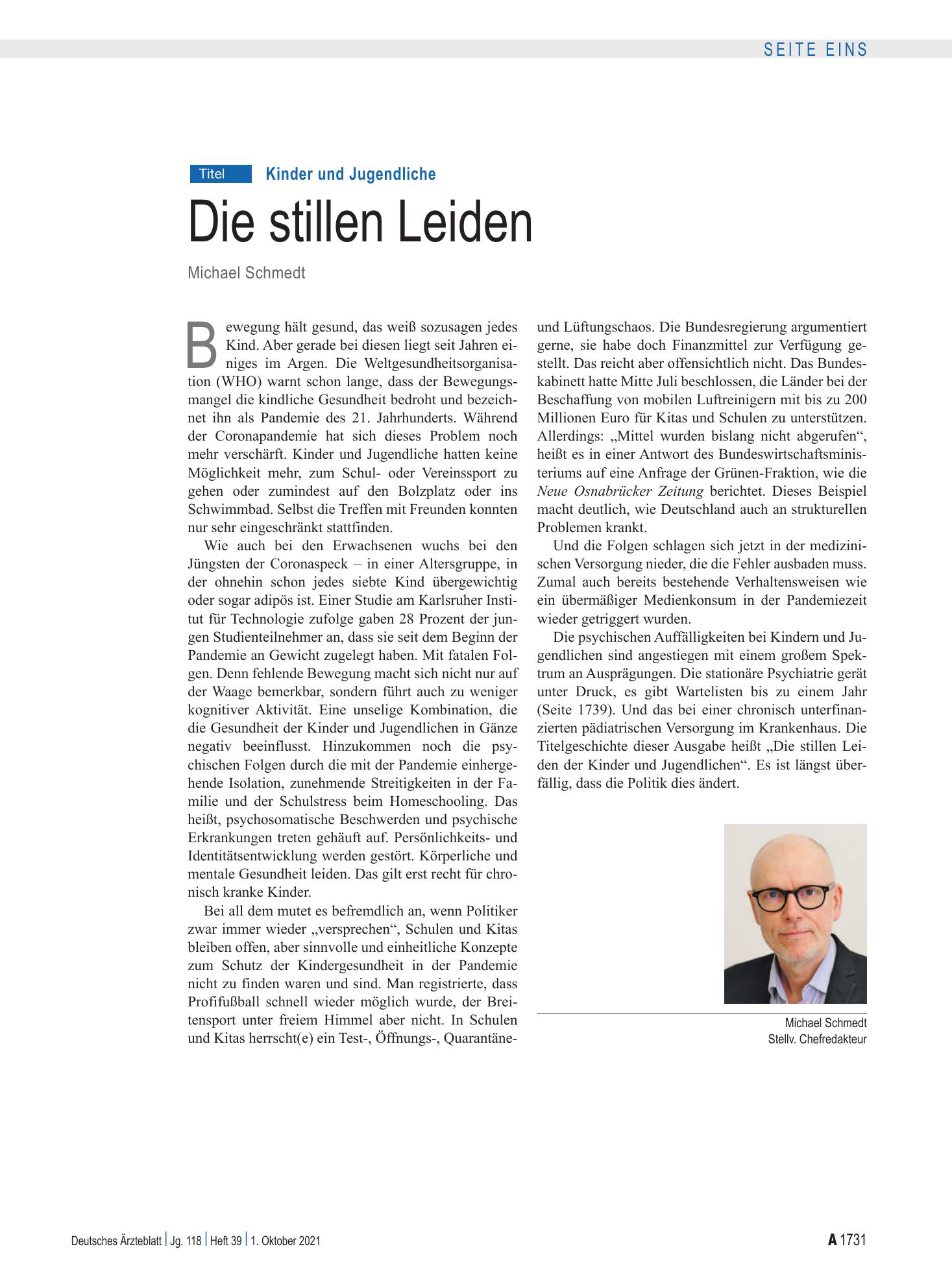 Vorschauseite 1: Kinder und Jugendliche: Die stillen Leiden – Deutsches Ärzteblatt