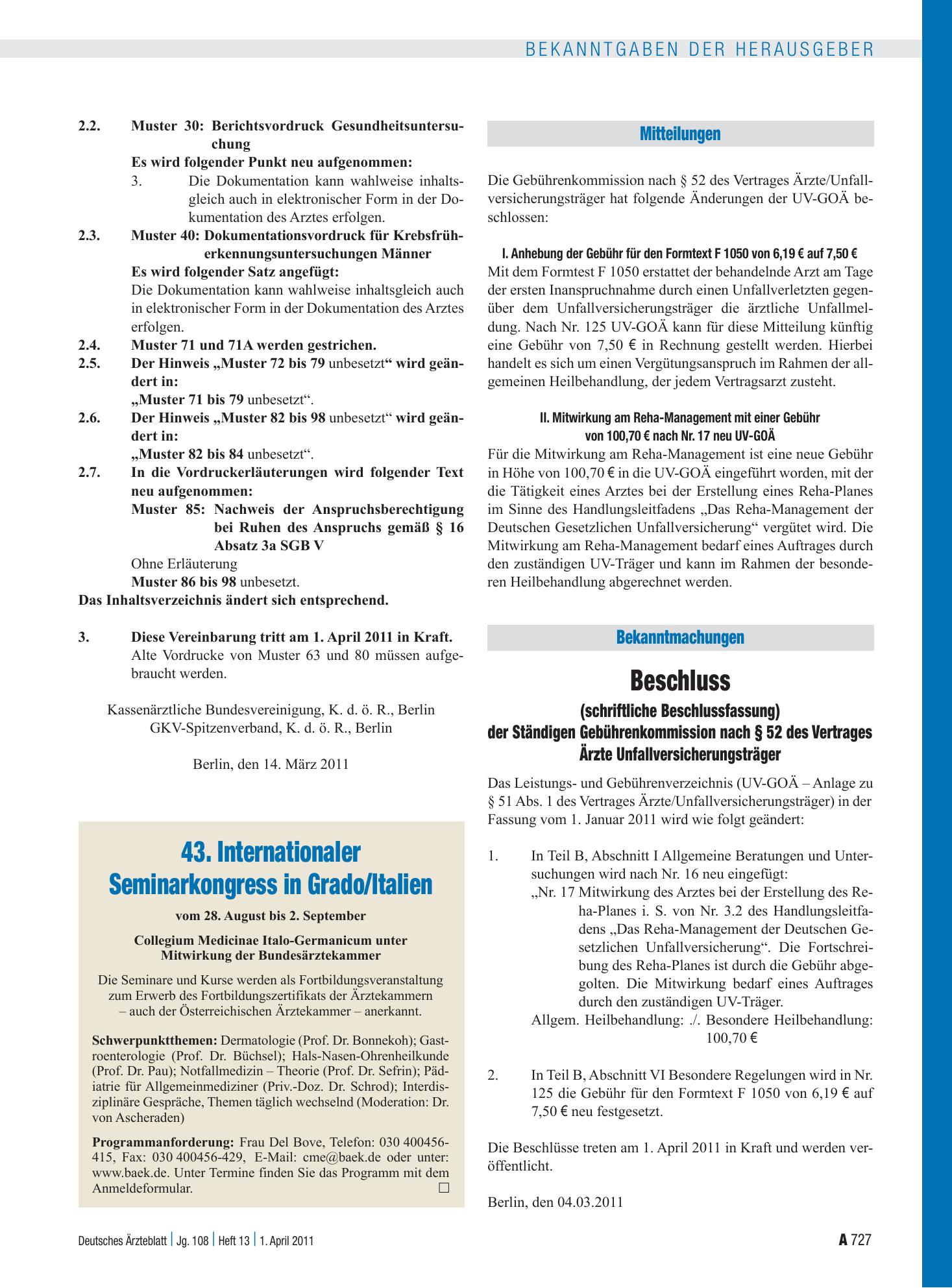 Vorschauseite 1: 43. Internationaler Seminarkongress in Grado/Italien – Deutsches Ärzteblatt