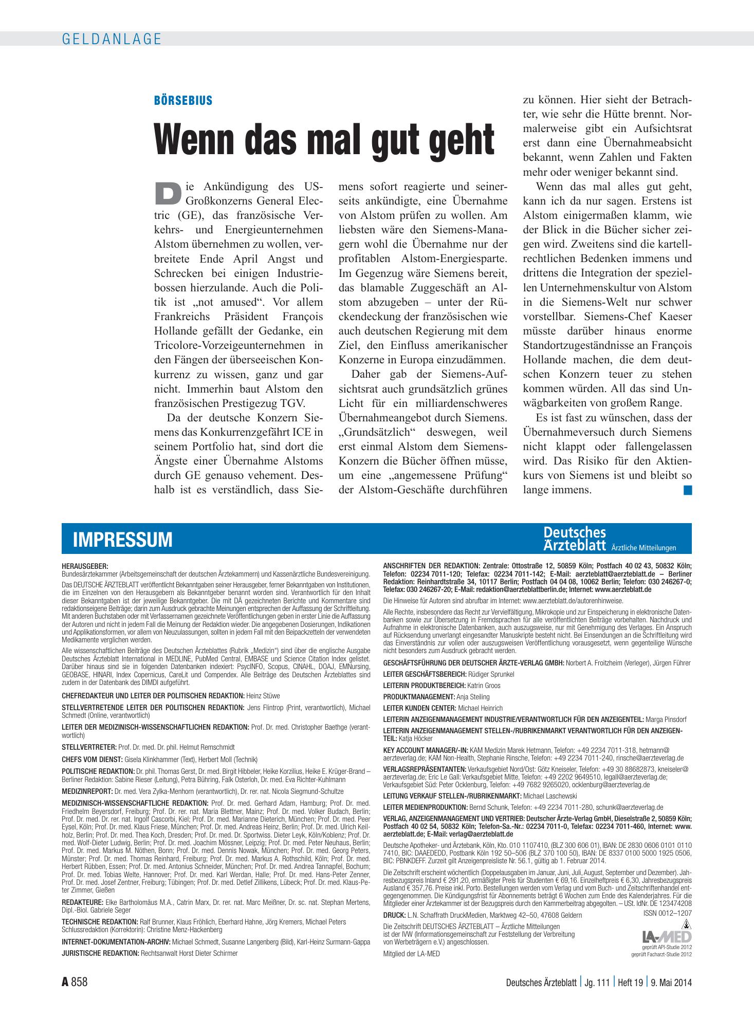 Vorschauseite 1: Börsebius: Wenn das mal gut geht – Deutsches Ärzteblatt