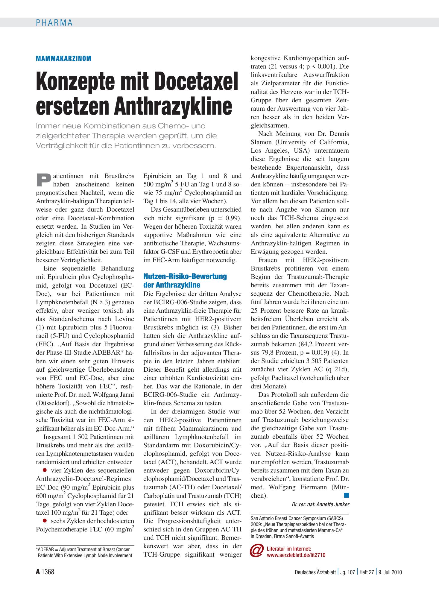 Vorschauseite 1: Mammakarzinom: Konzepte mit Docetaxel ersetzen Anthrazykline – Deutsches Ärzteblatt