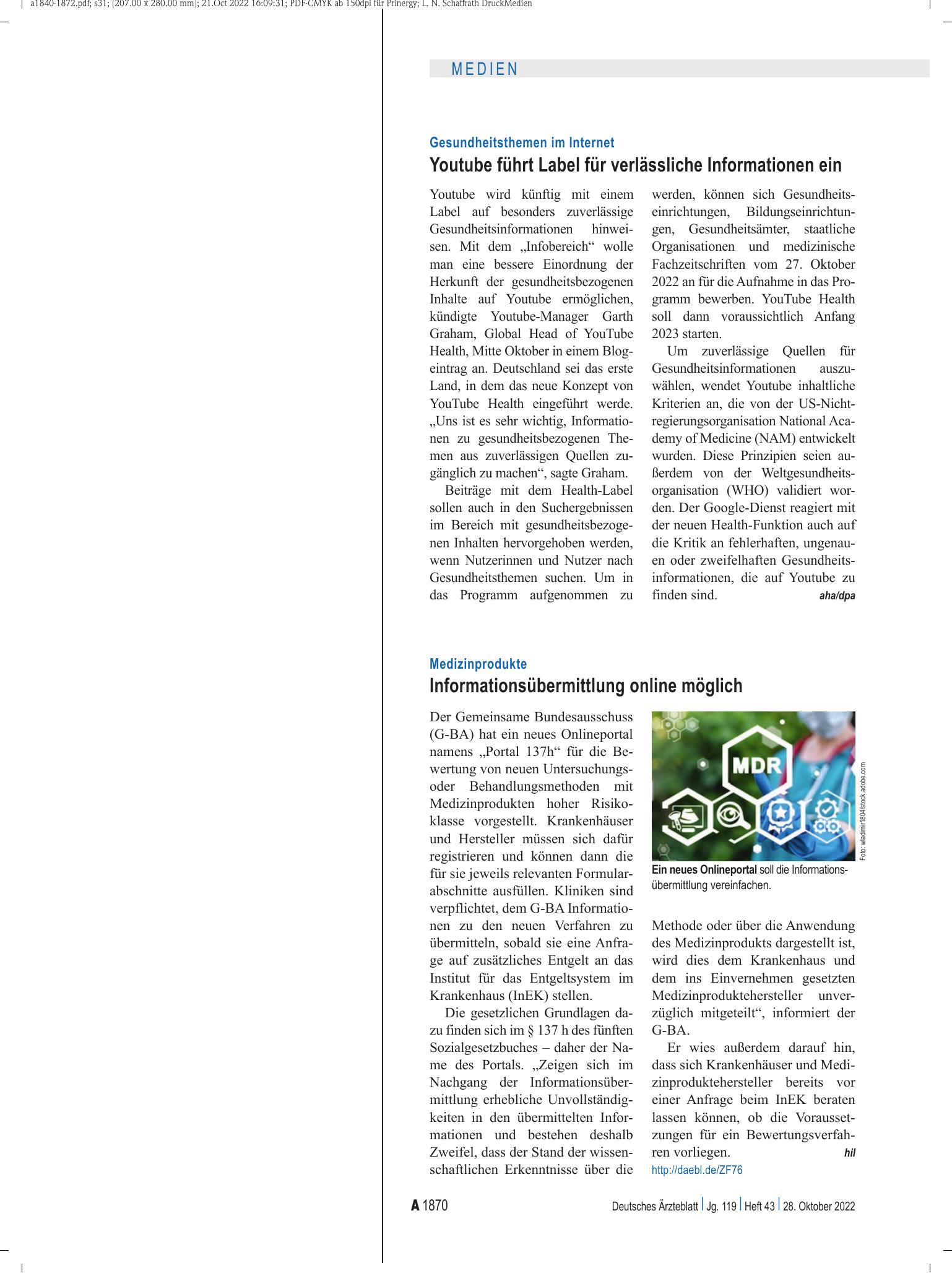 Vorschauseite 1: Medizinprodukte: Informationsübermittlung online möglich – Deutsches Ärzteblatt