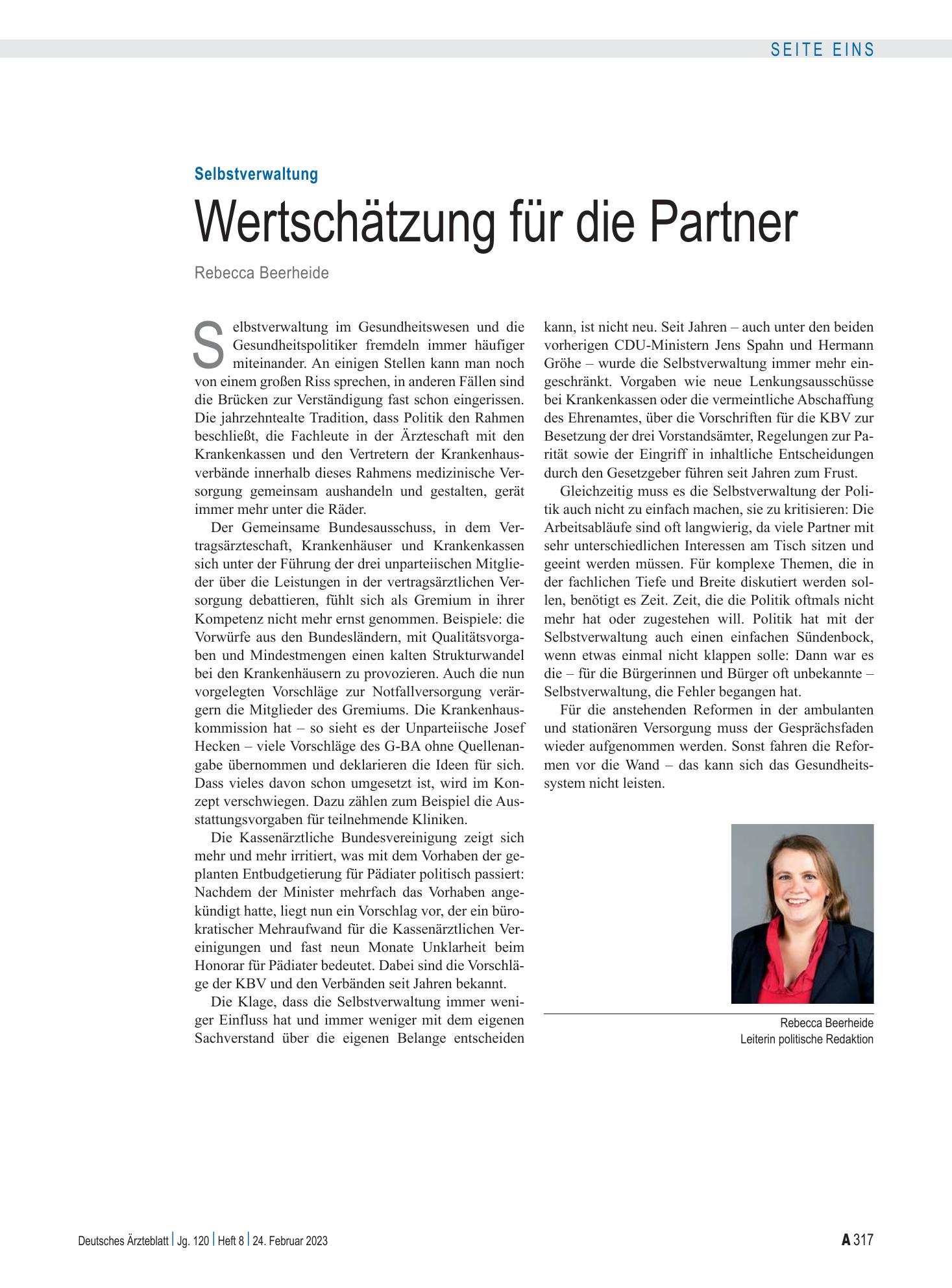 Vorschauseite 1: Selbstverwaltung: Wertschätzung für die Partner – Deutsches Ärzteblatt