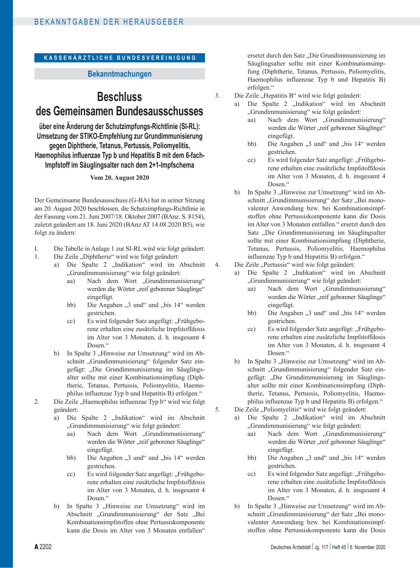 Vorschauseite 1: Beschluss des Gemeinsamen Bundesausschusses über eine Änderung der Schutzimpfungs-Richtlinie (SI-RL): Umsetzung der STIKO-Empfehlung zur Grundimmunisierung gegen Diphtherie, Tetan…