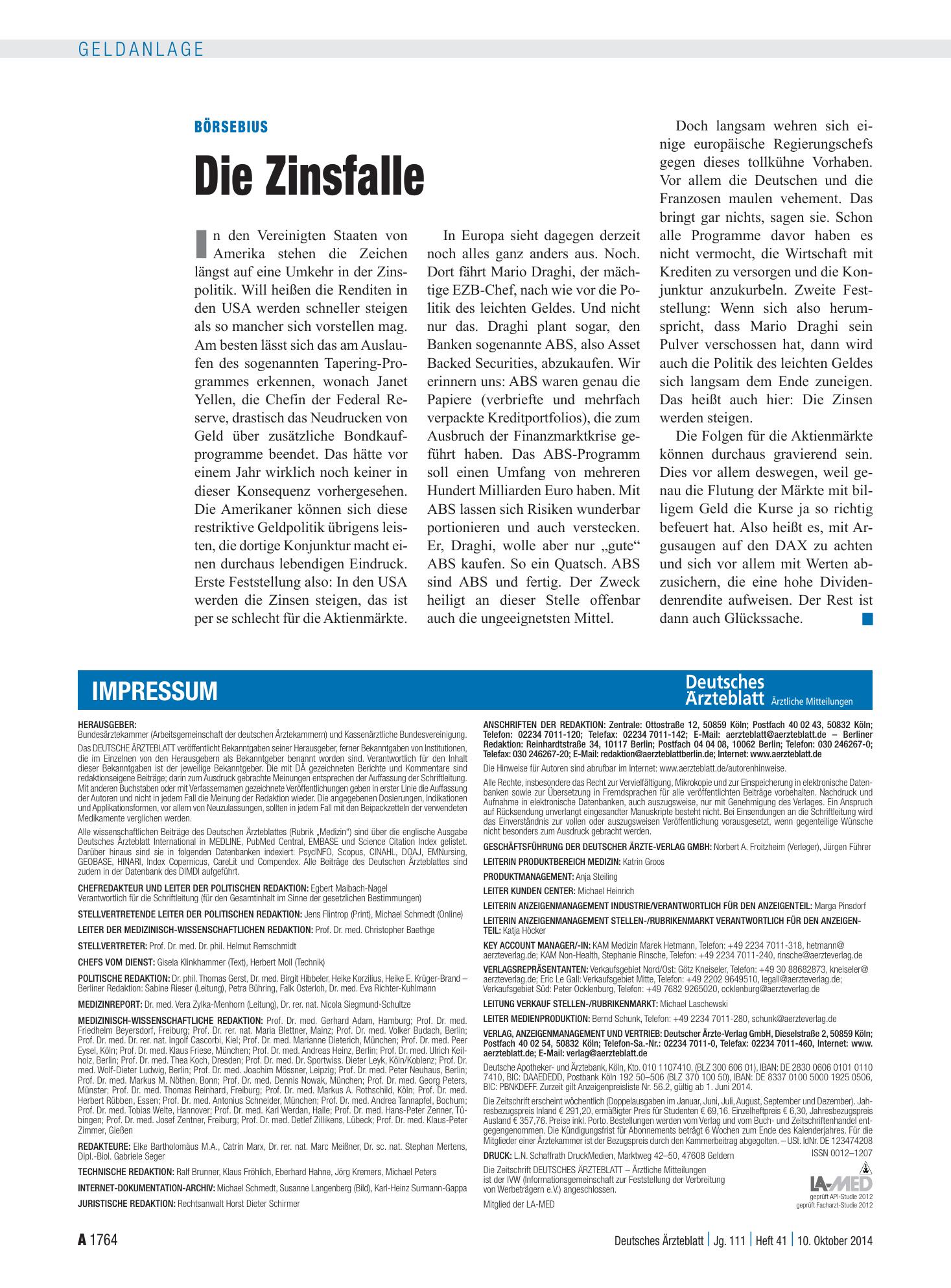 Vorschauseite 1: Börsebius: Die Zinsfalle – Deutsches Ärzteblatt