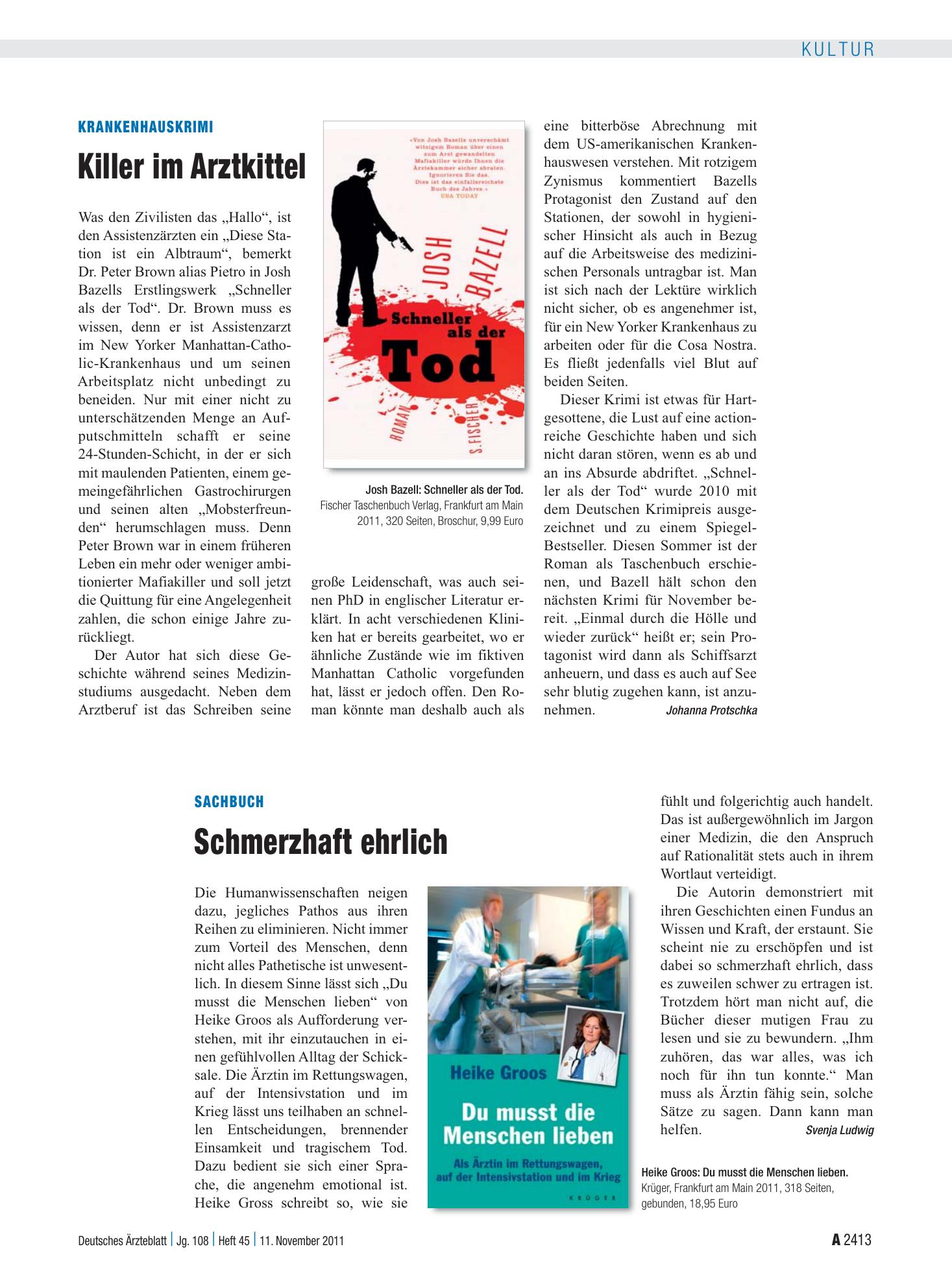 Vorschauseite 1: Sachbuch: Schmerzhaft ehrlich – Deutsches Ärzteblatt