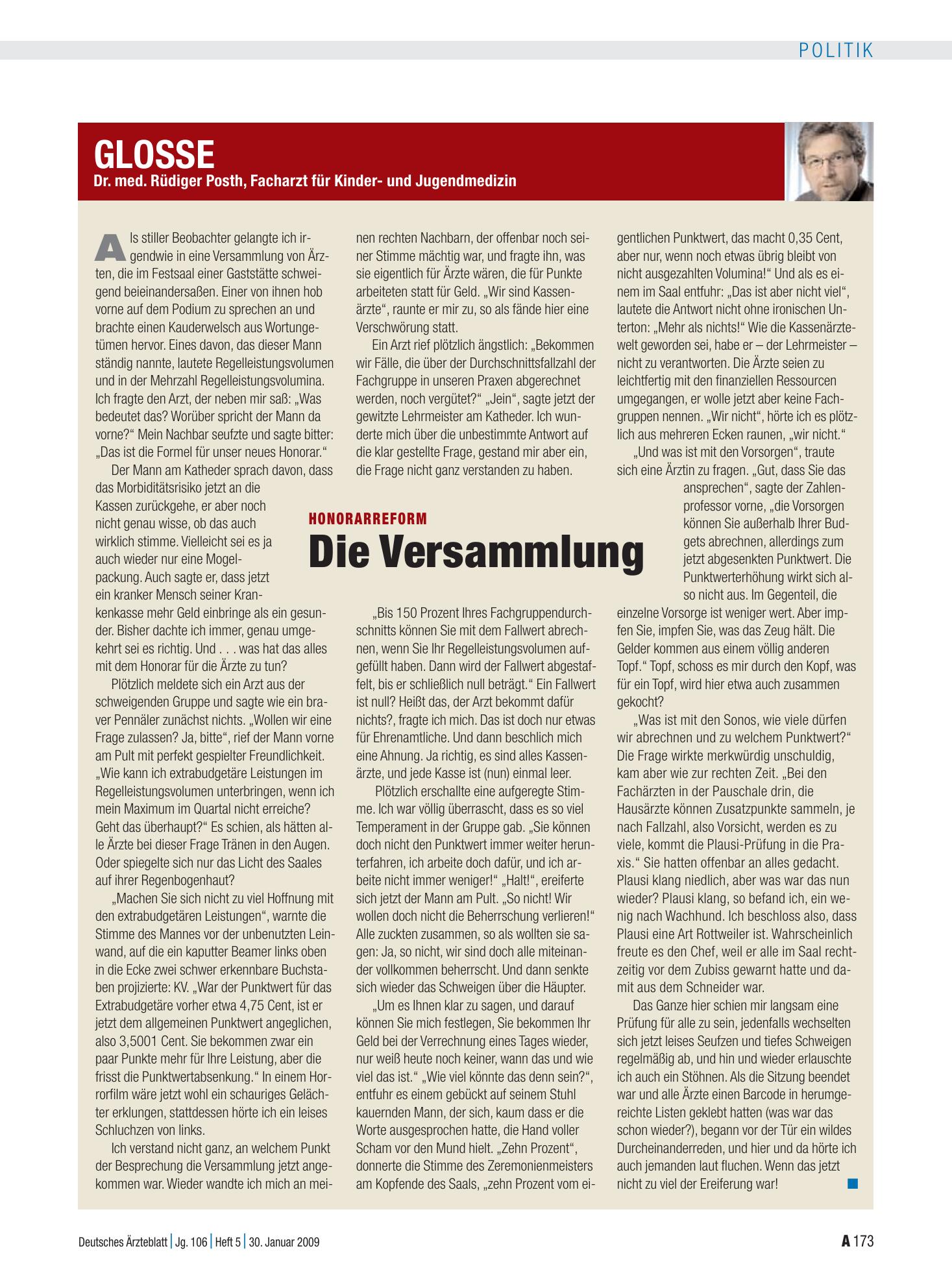 Vorschauseite 1: Glosse Honorarreform: Die Versammlung – Deutsches Ärzteblatt