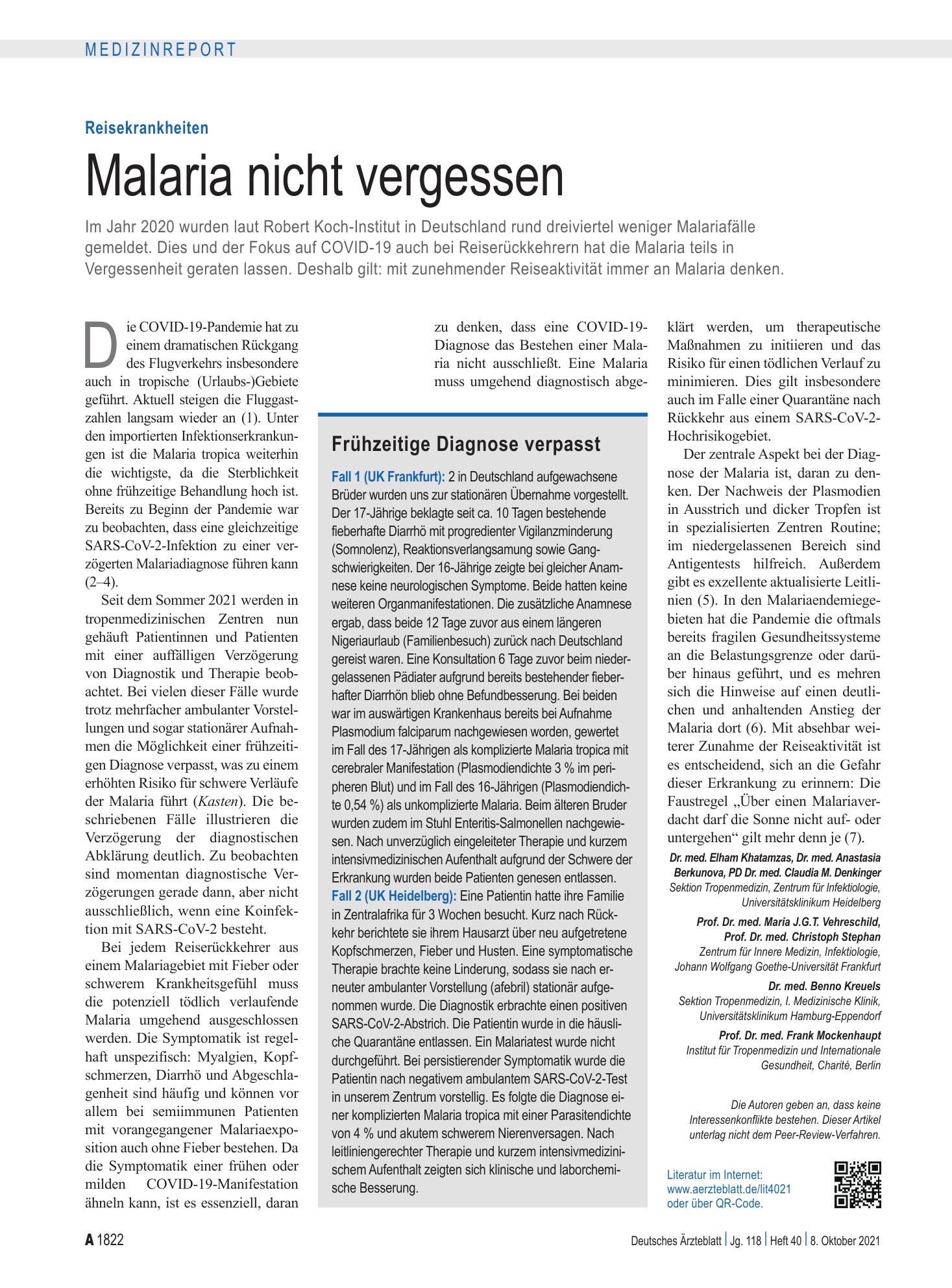 Vorschauseite 1: Reisekrankheiten: Malaria nicht vergessen – Deutsches Ärzteblatt