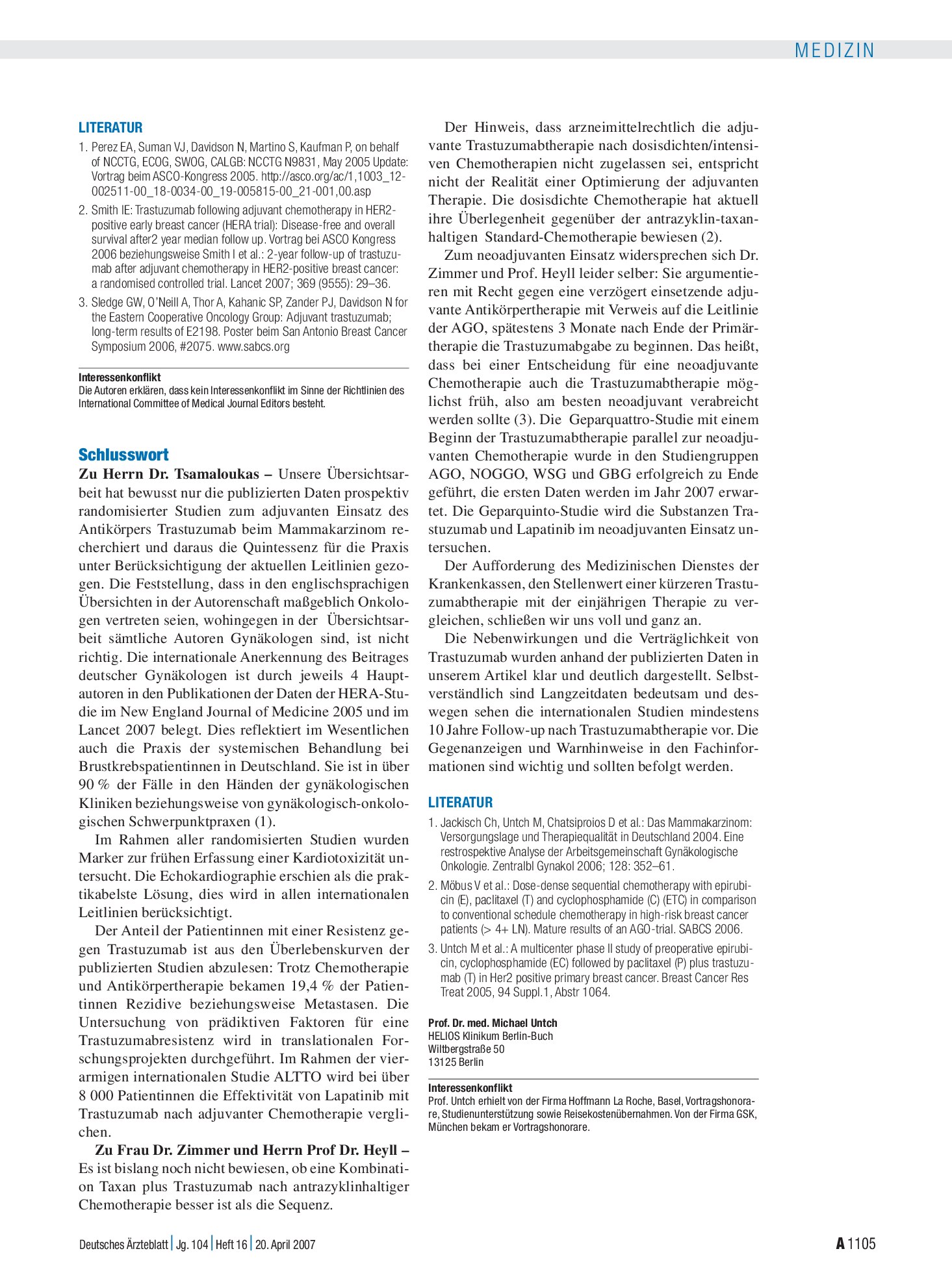 Vorschauseite 1: Adjuvante Therapie mit Trastuzumab bei Mammakarzinompatientinnen: Schlusswort – Deutsches Ärzteblatt