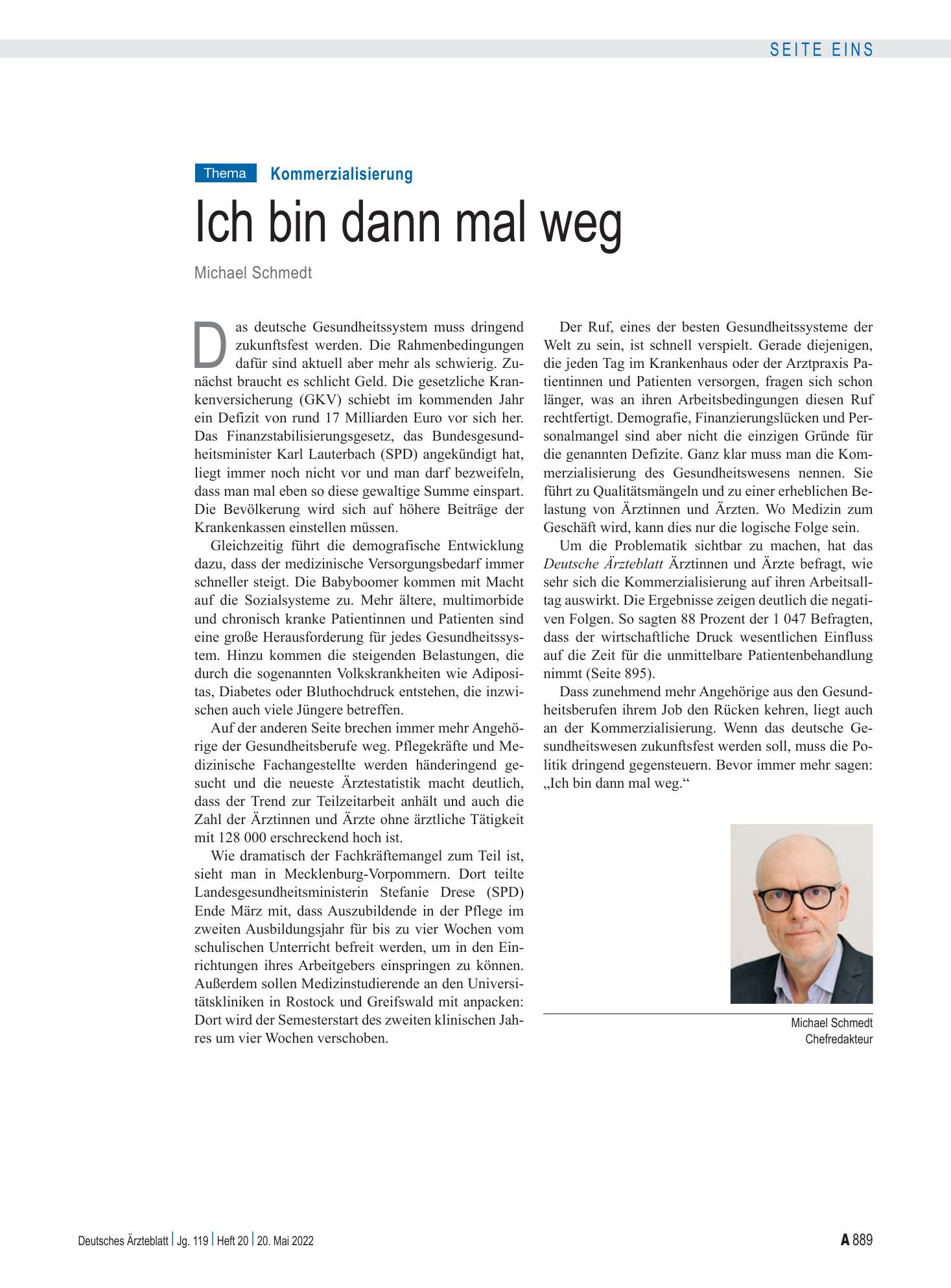Vorschauseite 1: Kommerzialisierung: Ich bin dann mal weg – Deutsches Ärzteblatt