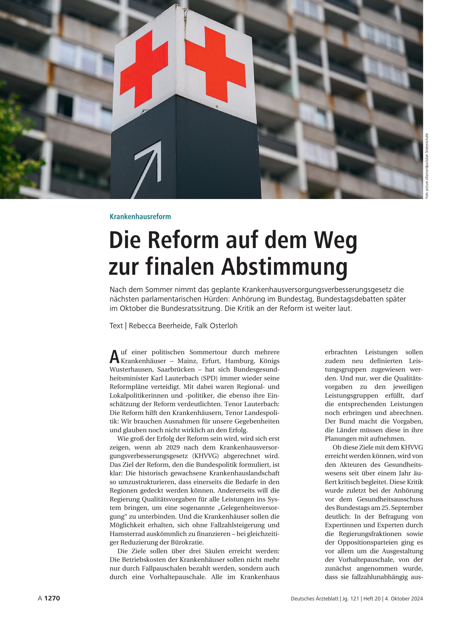 Vorschauseite 1: Krankenhausreform: Die Reform auf dem Weg zur finalen Abstimmung – Deutsches Ärzteblatt