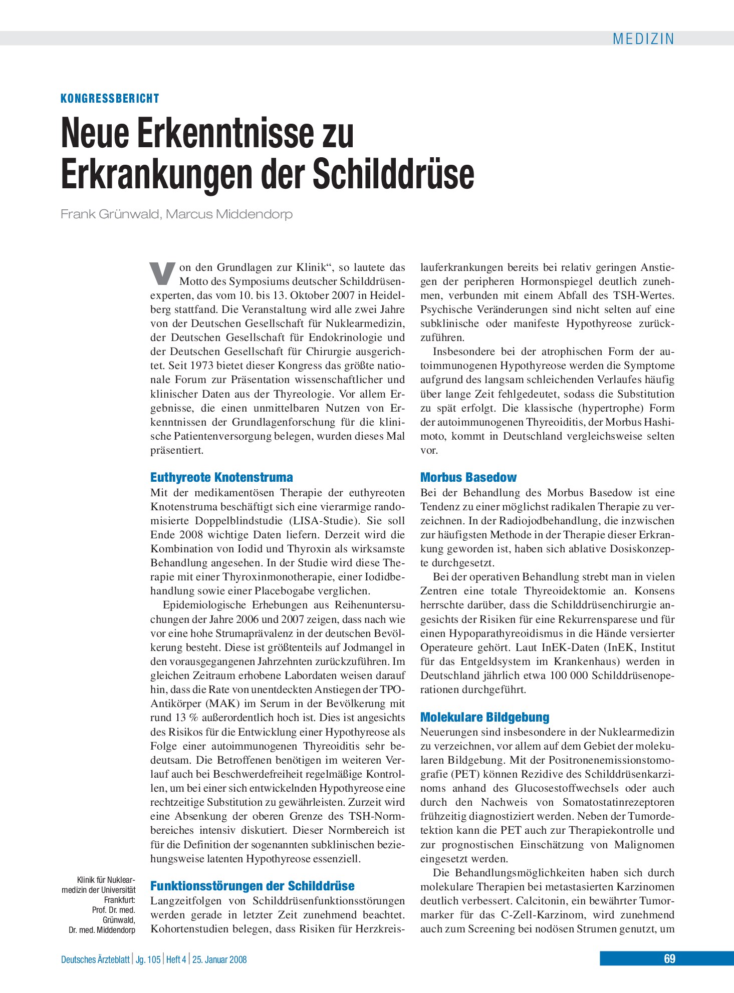 Vorschauseite 1: Neue Erkenntnisse zu Erkrankungen der Schilddrüse – Deutsches Ärzteblatt