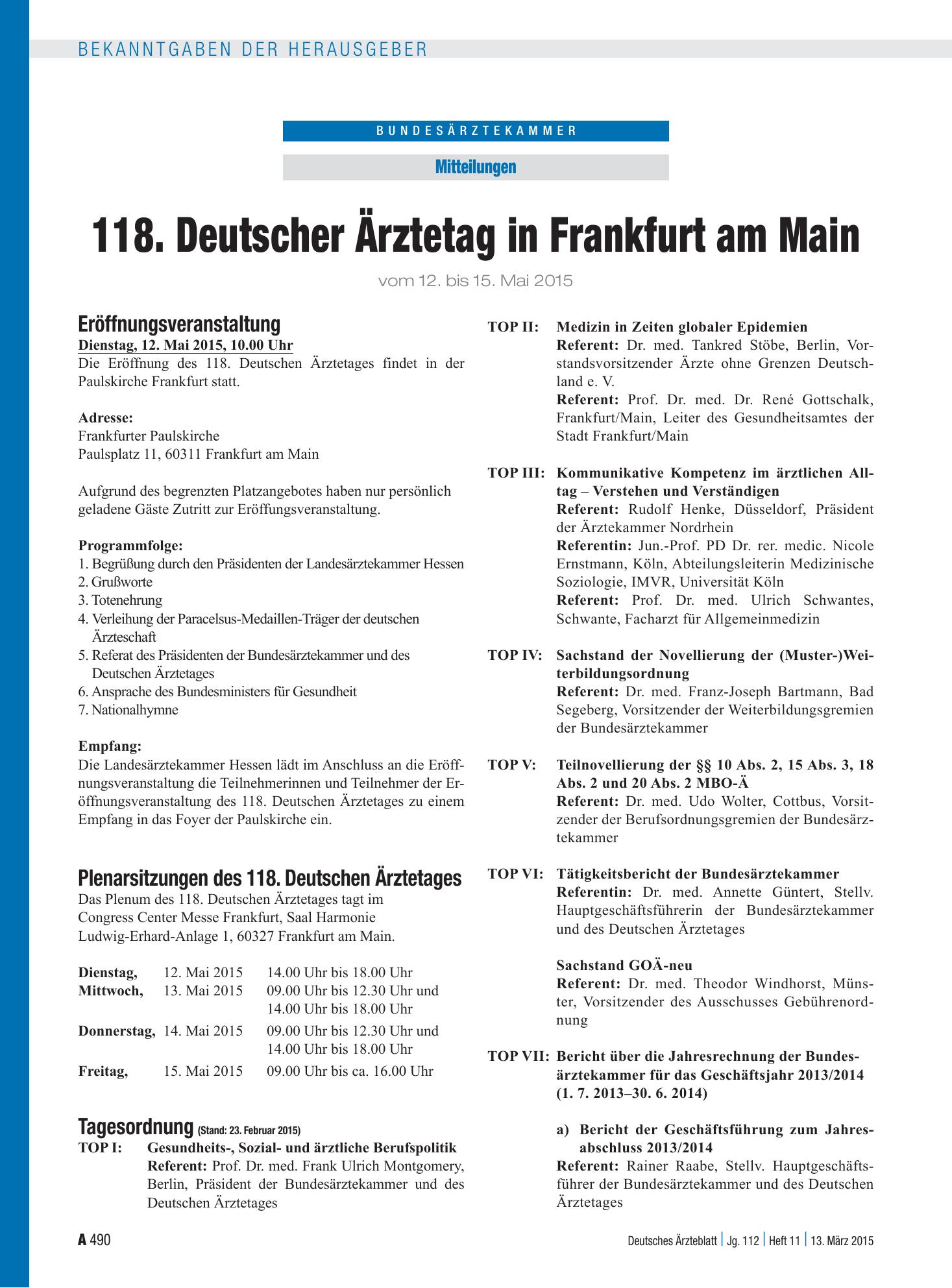 Vorschauseite 1: 118. Deutscher Ärztetag in Frankfurt am Main – Deutsches Ärzteblatt