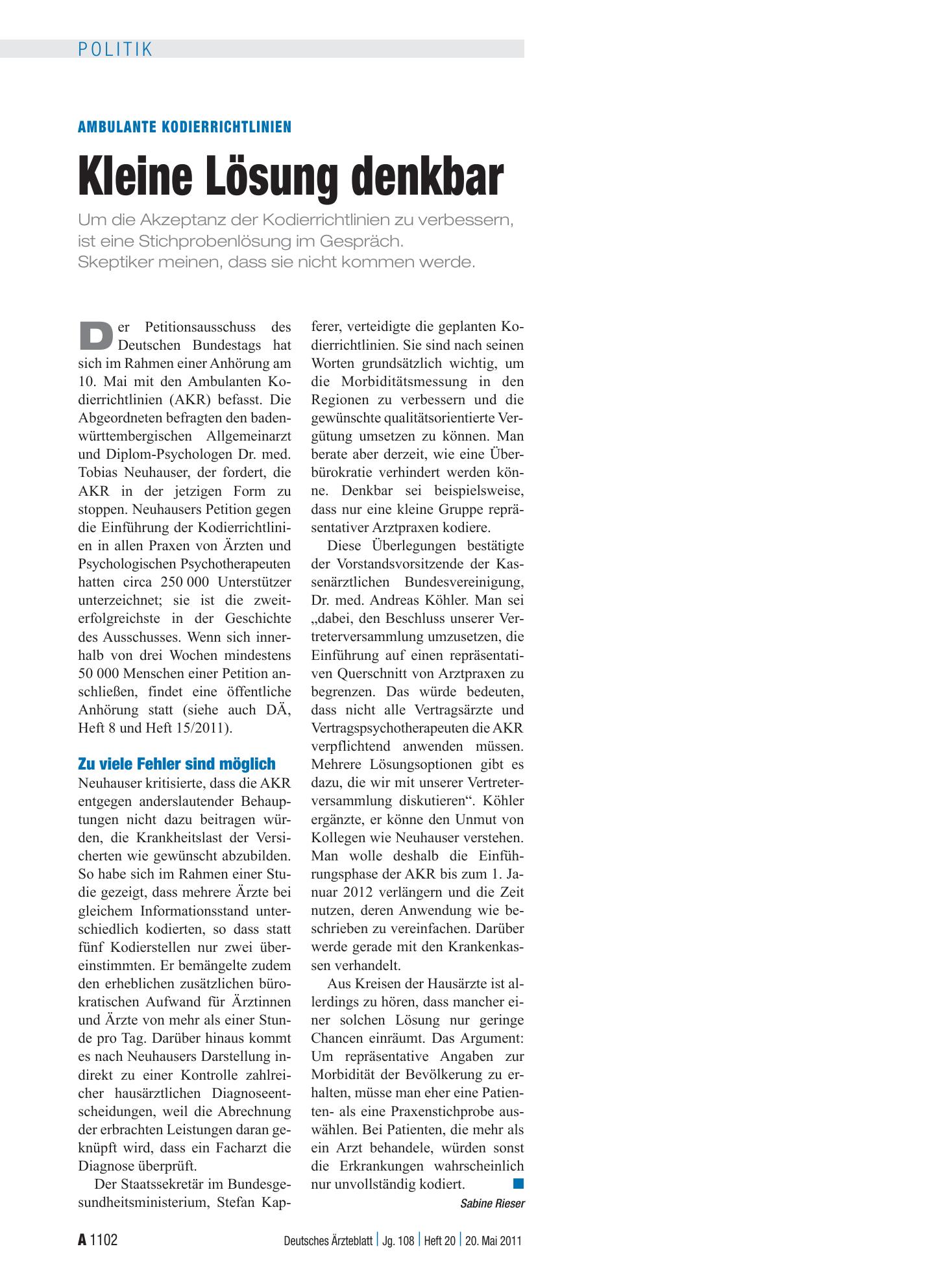 Vorschauseite 1: Ambulante Kodierrichtlinien: Kleine Lösung denkbar – Deutsches Ärzteblatt