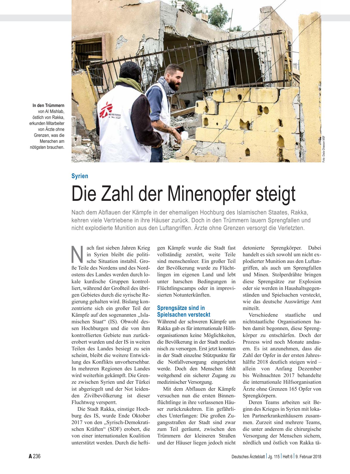 Vorschauseite 1: Syrien: Die Zahl der Minenopfer steigt – Deutsches Ärzteblatt