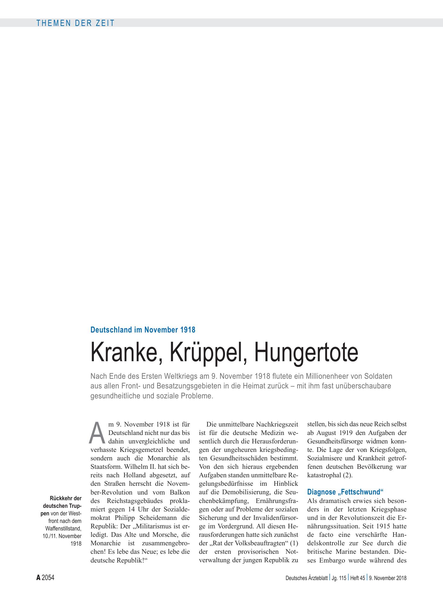 Vorschauseite 1: Deutschland im November 1918: Kranke, Krüppel, Hungertote – Deutsches Ärzteblatt