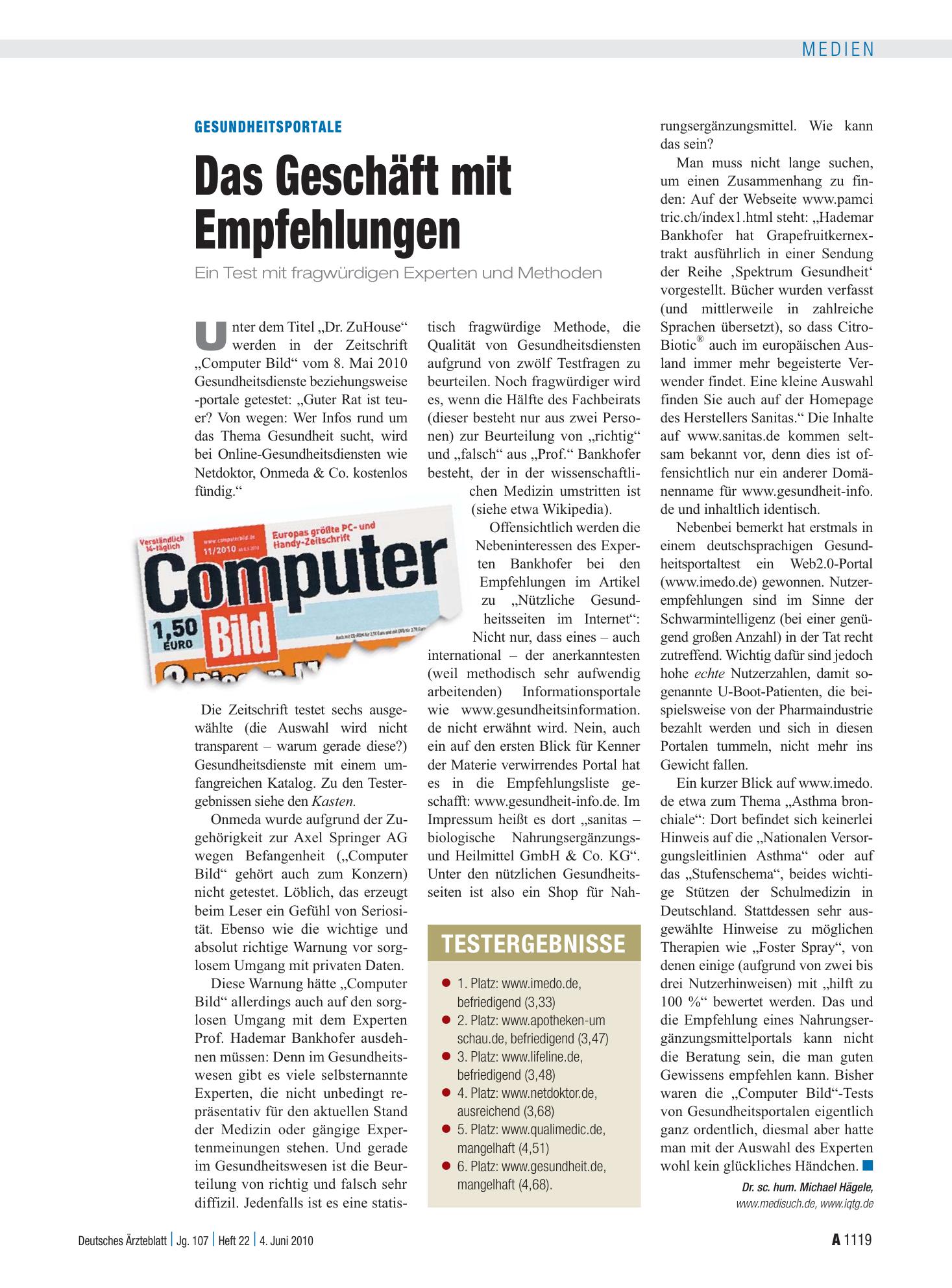 Vorschauseite 1: Gesundheitsportale: Das Geschäft mit Empfehlungen – Deutsches Ärzteblatt