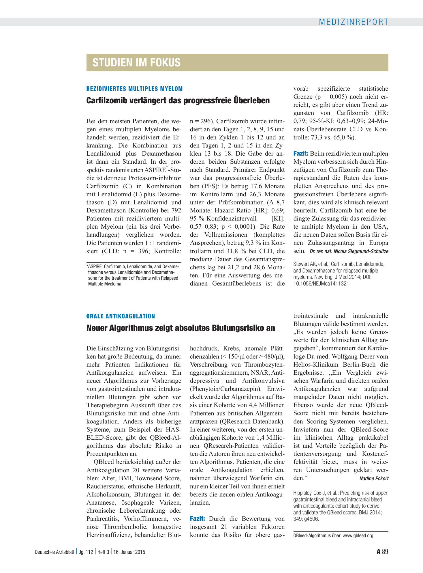 Vorschauseite 1: Rezidiviertes Multiples Myelom: Carfilzomib verlängert das progressfreie Überleben – Deutsches Ärzteblatt
