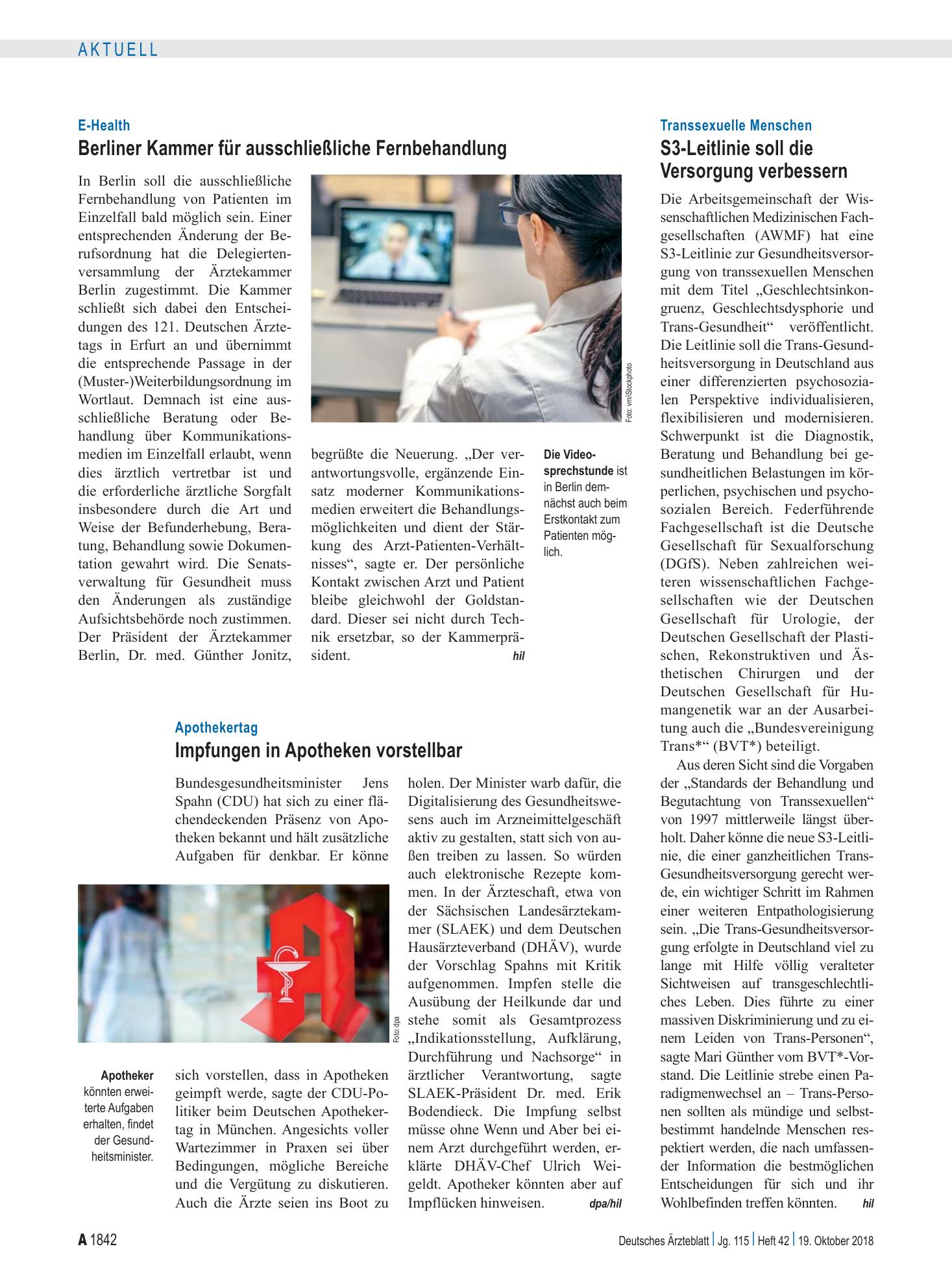 Vorschauseite 1: Apothekertag: Impfungen in Apotheken vorstellbar – Deutsches Ärzteblatt
