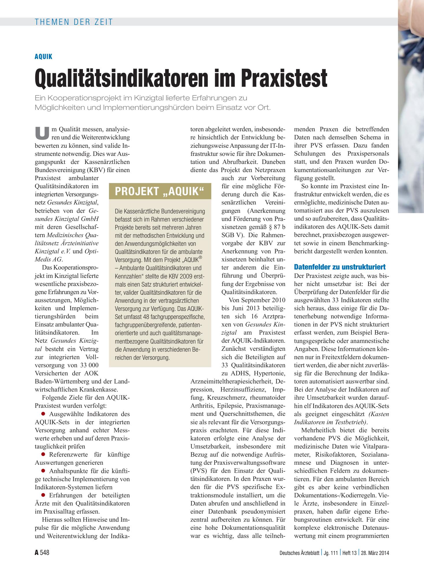 Vorschauseite 1: Aquik: Qualitätsindikatoren im Praxistest – Deutsches Ärzteblatt