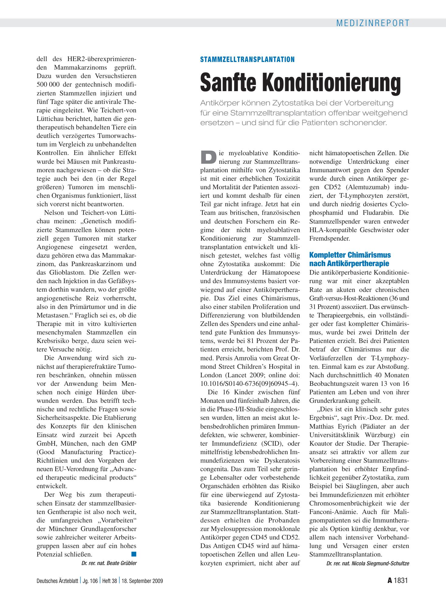 Vorschauseite 1: Stammzelltransplantation: Sanfte Konditionierung – Deutsches Ärzteblatt