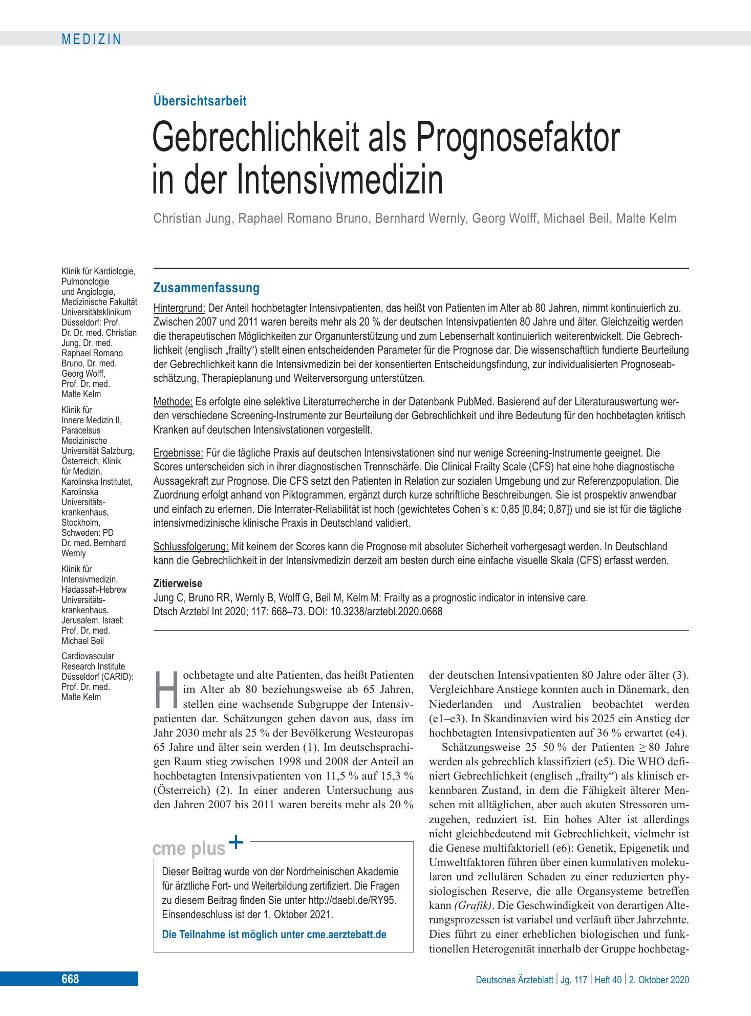 Vorschauseite 1: Gebrechlichkeit als Prognosefaktor in der Intensivmedizin – Deutsches Ärzteblatt