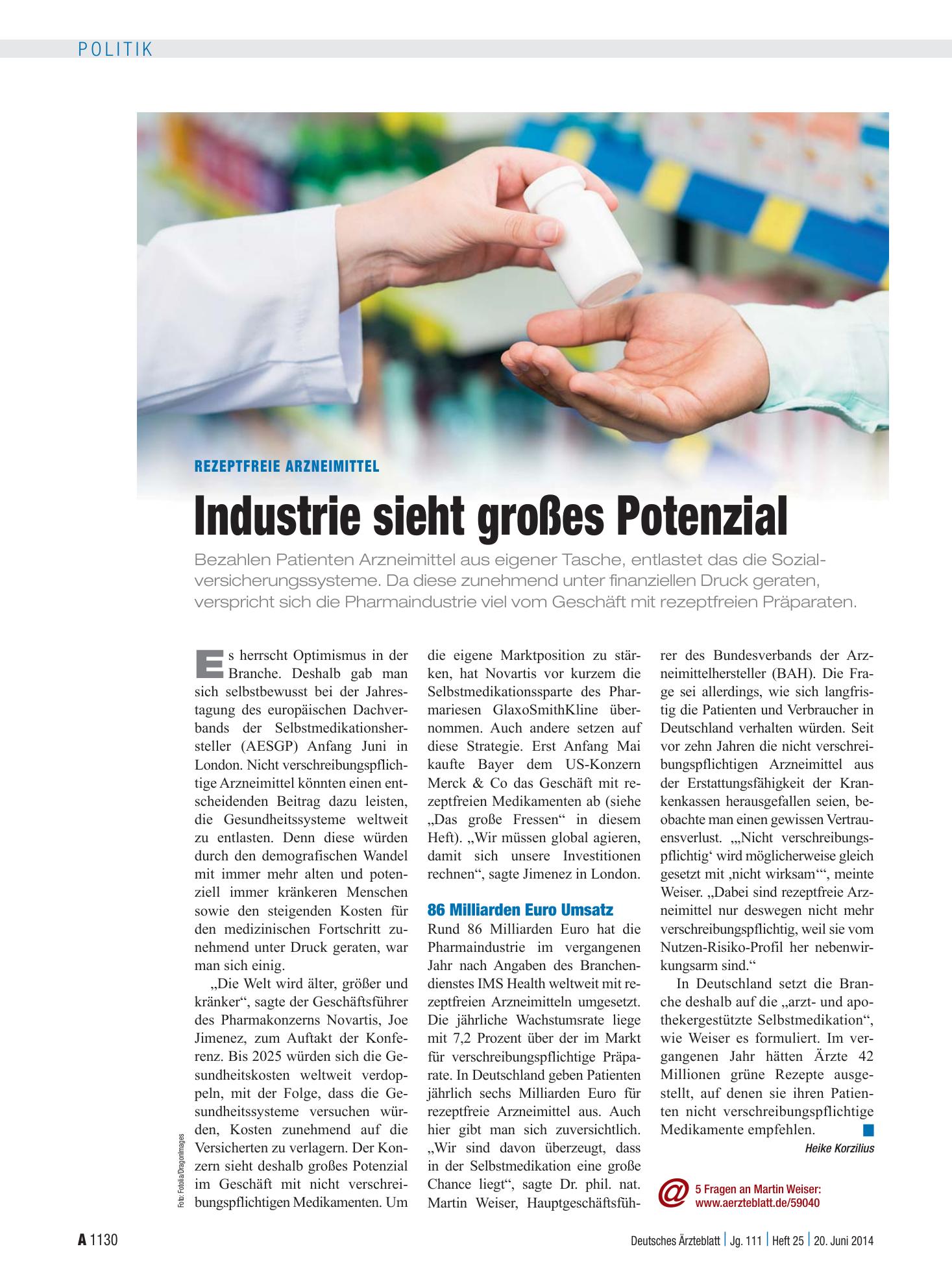 Vorschauseite 1: Rezeptfreie Arzneimittel: Industrie sieht großes Potenzial – Deutsches Ärzteblatt